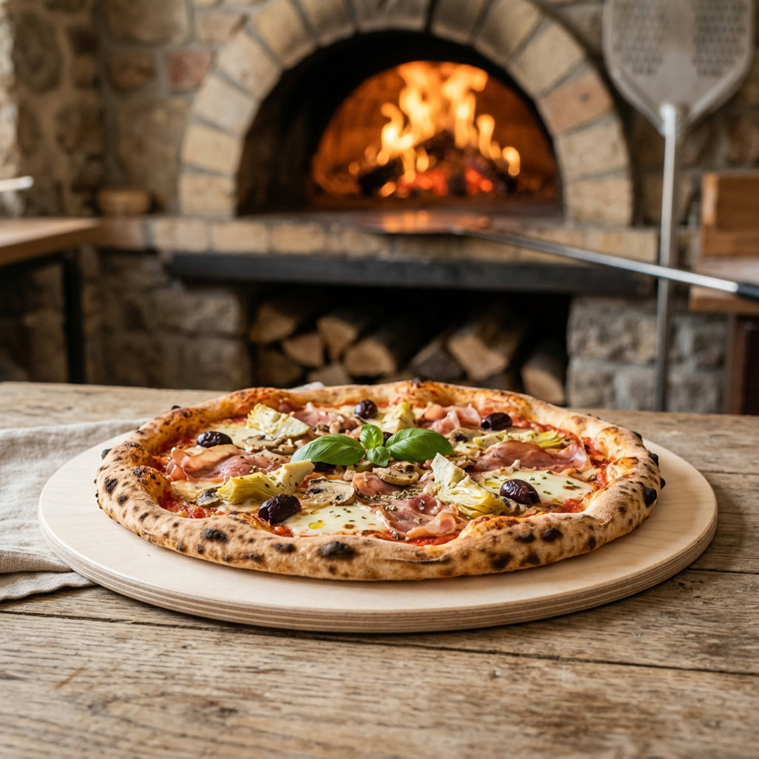 Rundes Pizzabrett aus Birken Multiplex mit Pizza Capricciosa vor Holzofen in Pizzeria