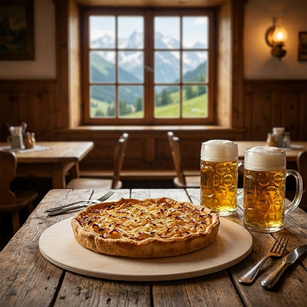 Pizzabrett mit Zwiebelkuchen und zwei Maßkrügen Bier in uriger Gaststätte mit Blick auf die Alpen