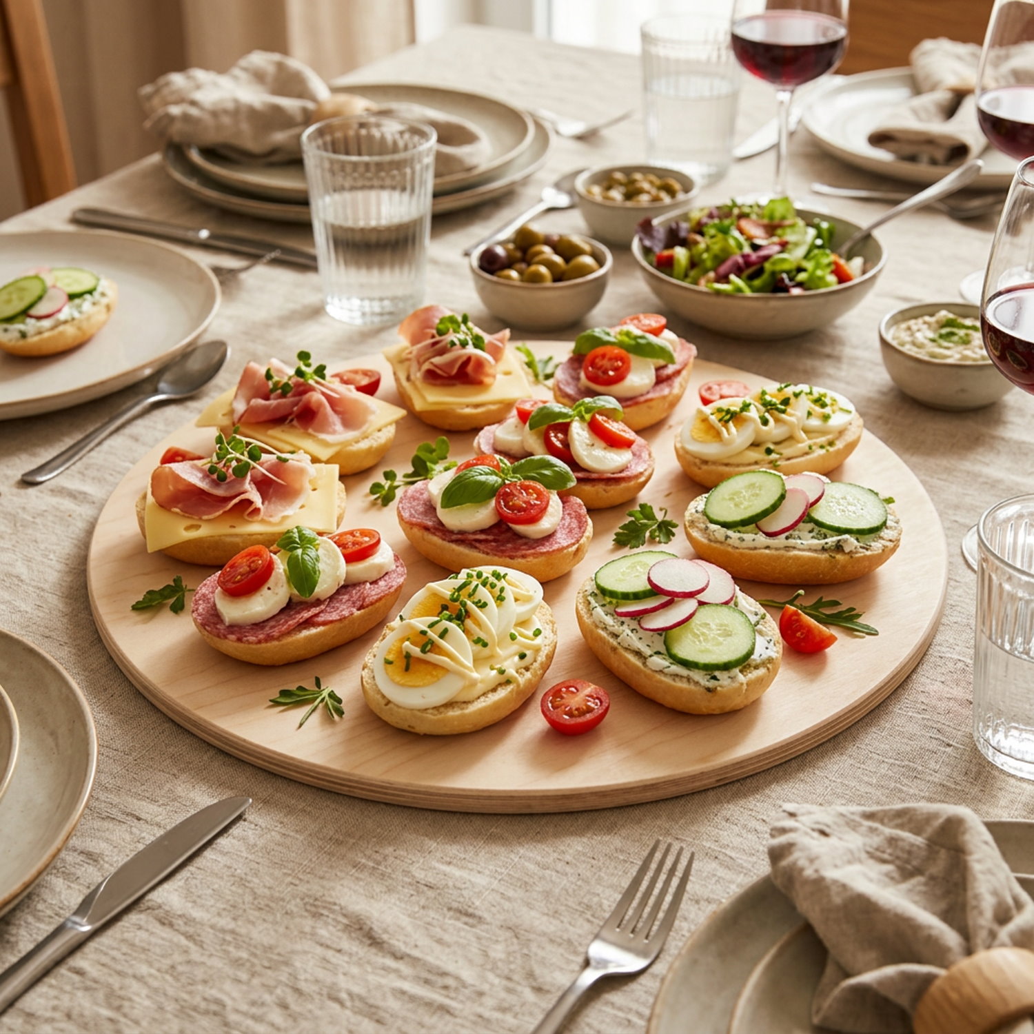 Rundes Pizzabrett aus Birkenholz mit vielen bunt belegten Brötchen auf reich gedecktem Esstisch