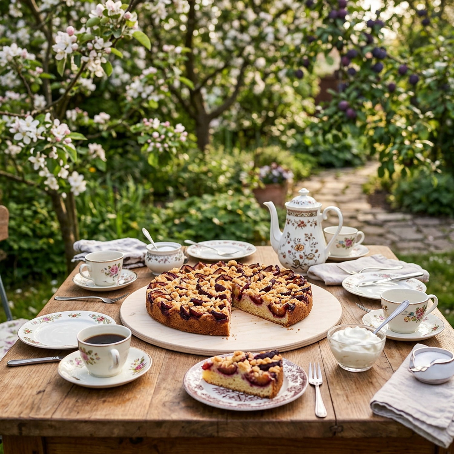 Pizzabrett aus hellem Birkenholz mit Pflaumenkuchen mit Streuseln auf Gartentisch im Obstgarten