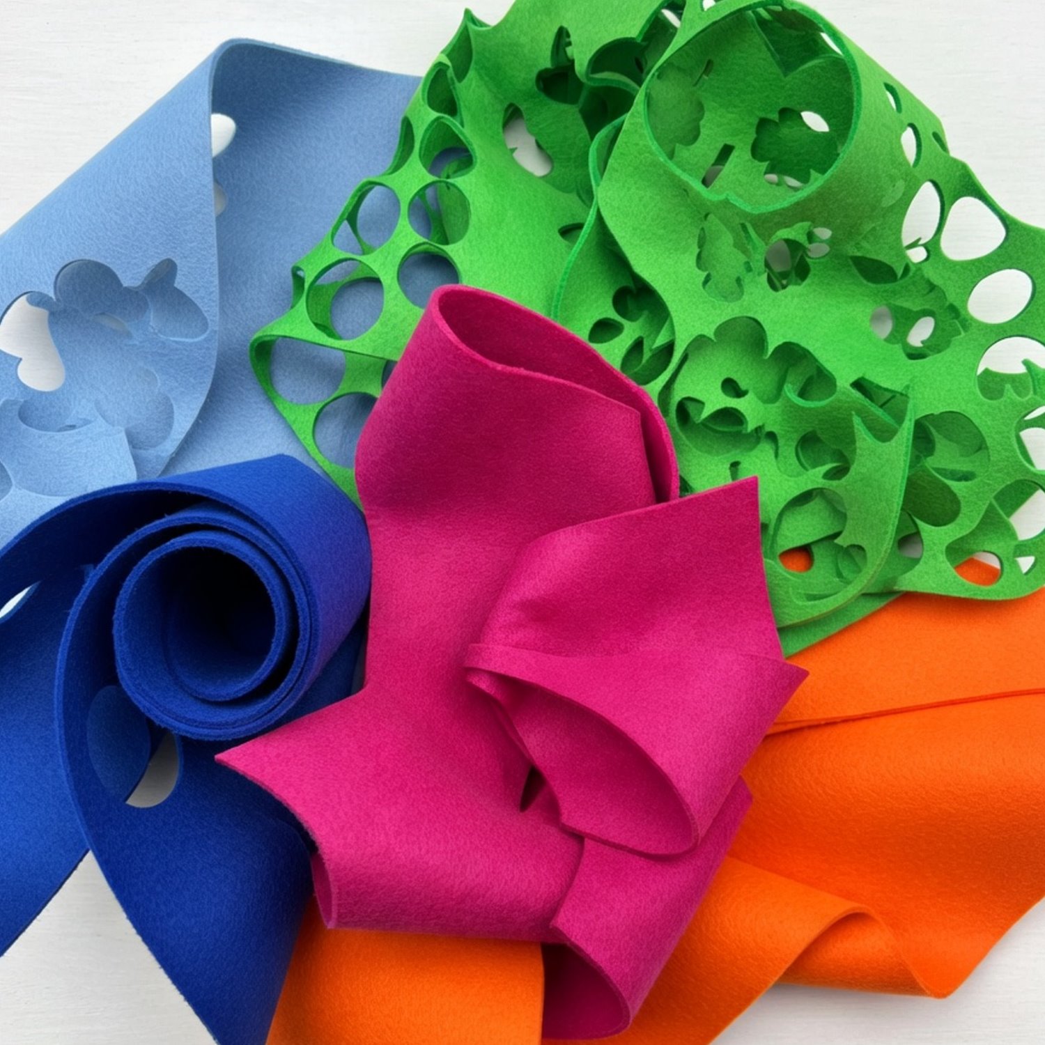 Bunte Filzstreifen und ausgestanzte Filzreste in Grün, Blau, Orange und Pink auf hellem Untergrund