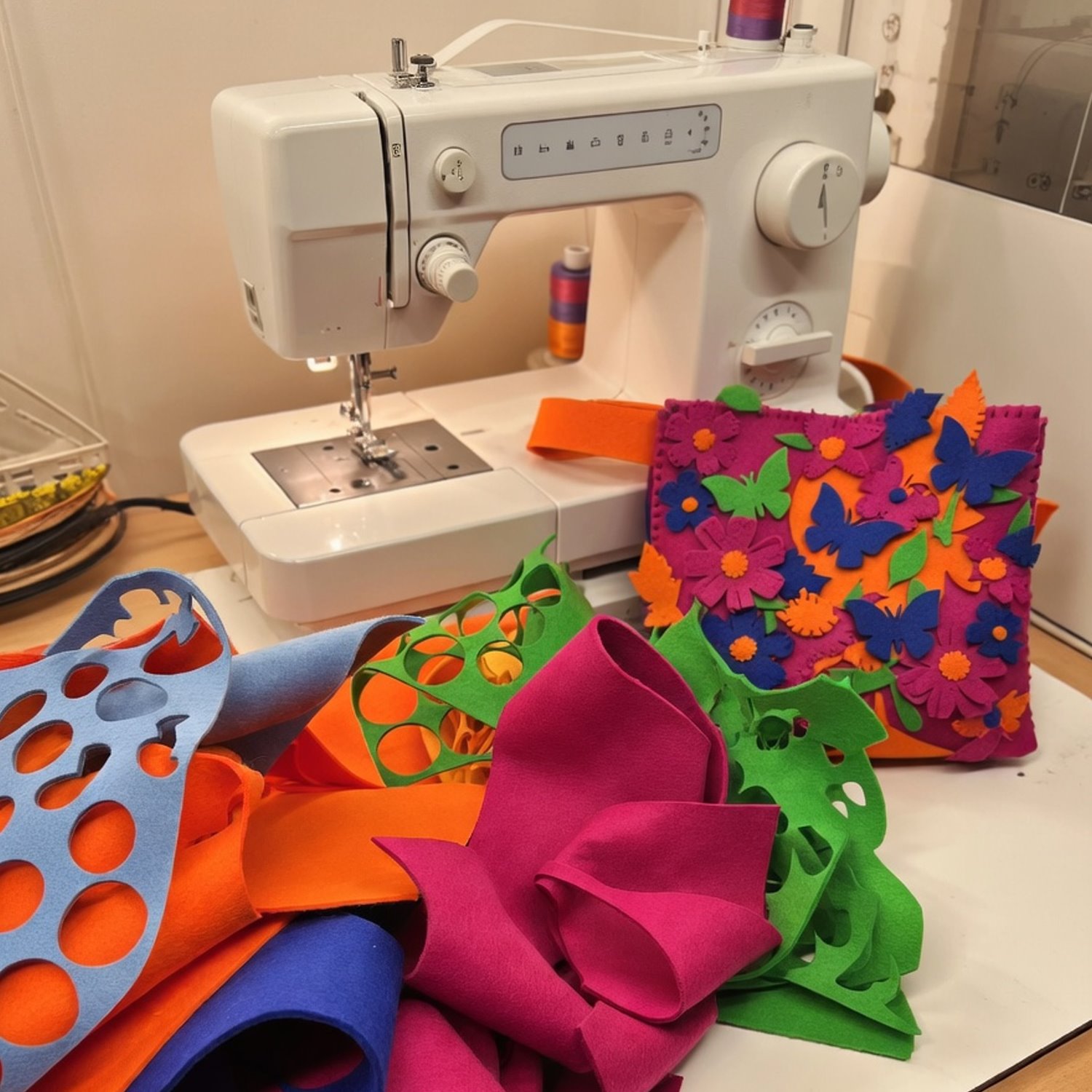 Nähmaschine mit bunten Filzresten und genähter Filztasche mit Blumen und Schmetterlingen