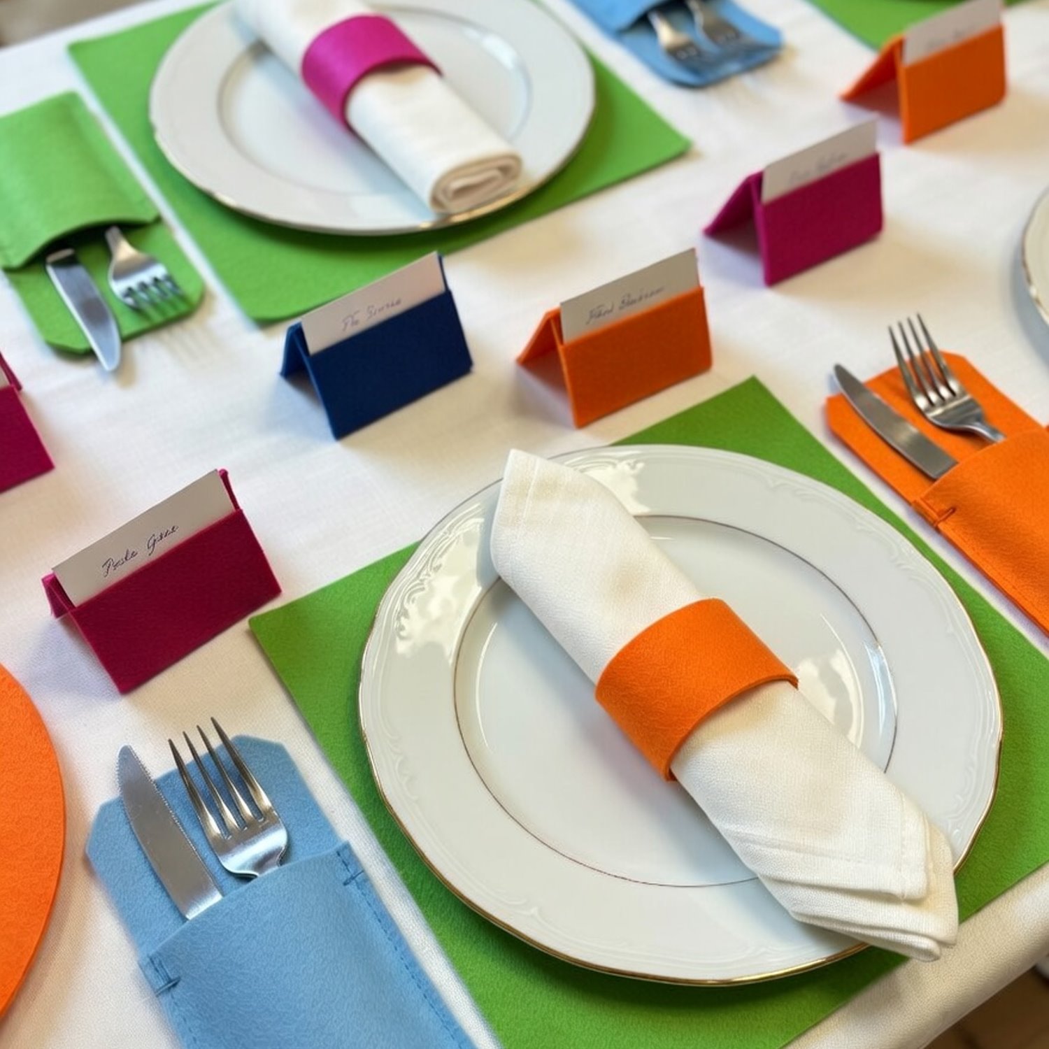 Tisch mit farbiger Filz-Tischdeko, Bestecktaschen und Serviettenringen aus Filzresten