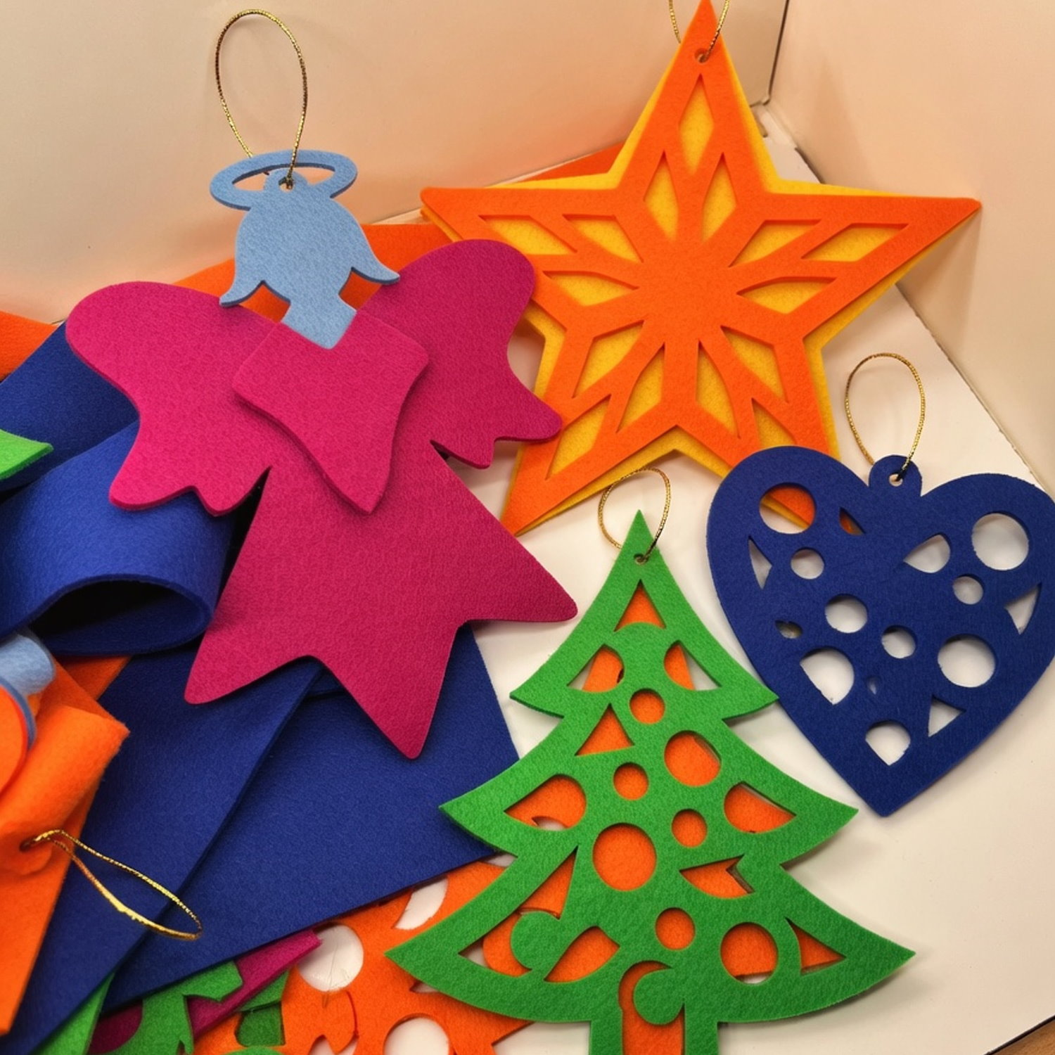 Kreative Bastelszene mit Filzresten, Filzfiguren, Weihnachtsdeko und Christbaumschmuck
