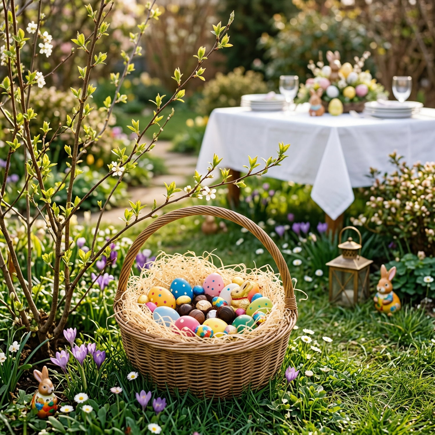 Osterkörbchen im Frühlingsgarten, mit bunten Eiern auf natürlicher Holzwolle