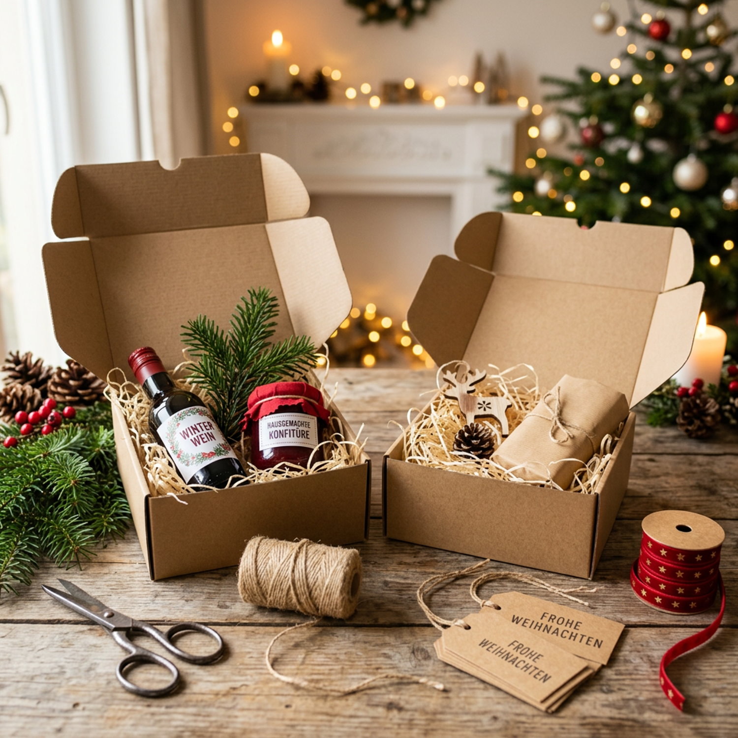 Geschenkboxen mit Holzwolle, Wein und Konfitüre in weihnachtlicher Atmosphäre