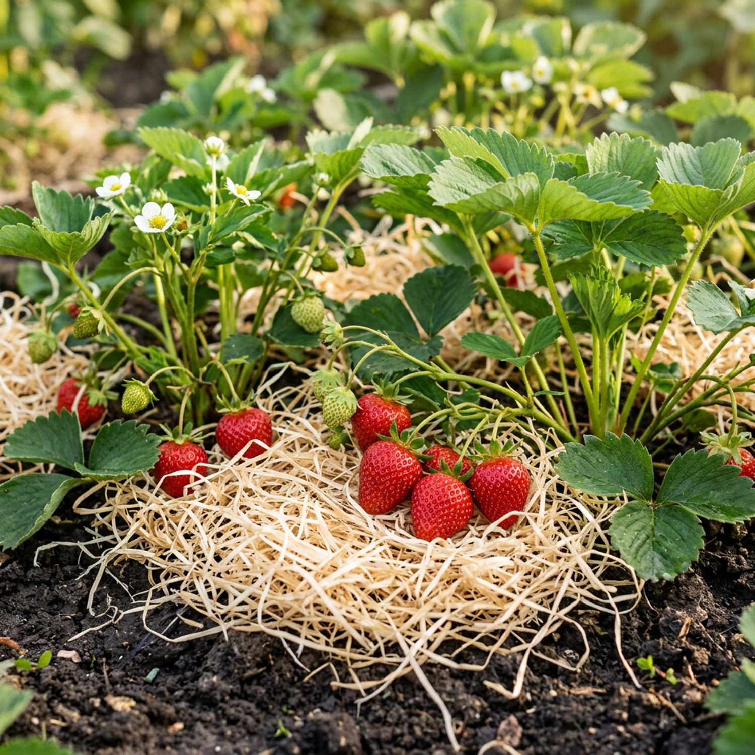 Osterkörbchen im Frühlingsgarten, mit bunten Eiern auf natürlicher Holzwolle