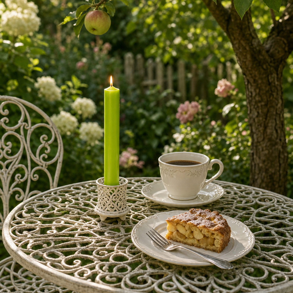 Apfelgrüne Stabkerze 180 x 22 mm in Kerzenhalter auf einem Tisch unterm Apfelbaum mit Kaffee und Kuchen.