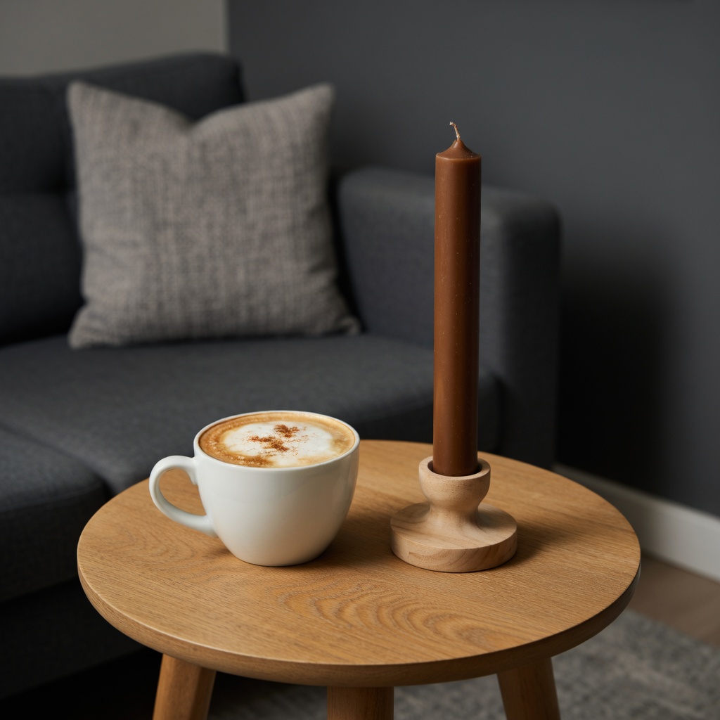 Cappuccinofarbene Stabkerze 180 x 22 mm auf einem kleinen runden Tisch, daneben eine Tasse Cappuccino und im Hintergrund das Sofa.
