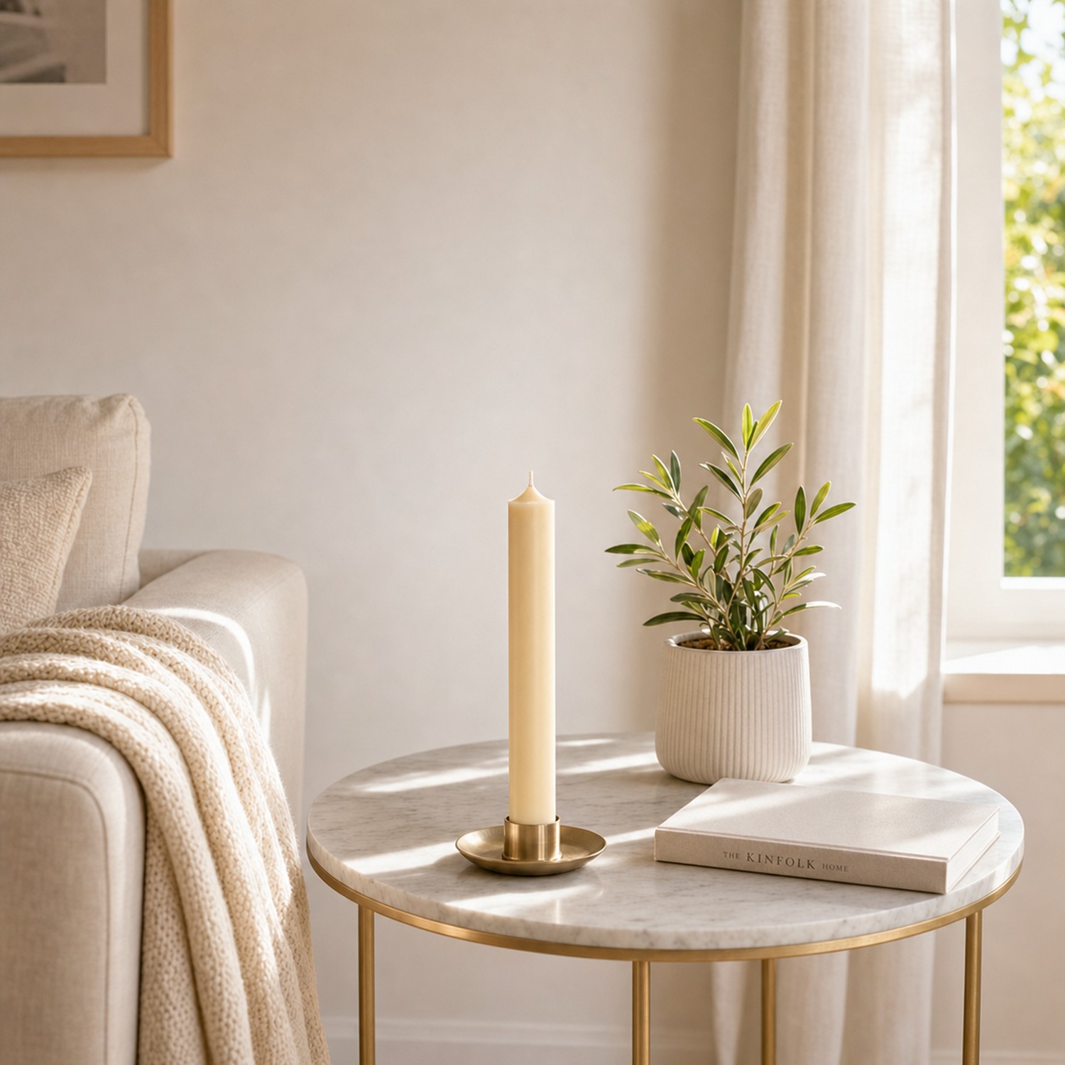 Cremefarbene Stabkerze 180 x 22 mm vor einer Topfpflanze auf einem kleinen runden Tisch neben dem beigen Sofa.