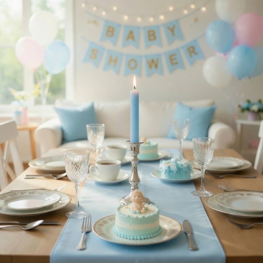Hellblaue Stabkerze 180 x 22 mm im Kerzenhalter auf hellblau dekoriertem Tisch zur Babyparty.