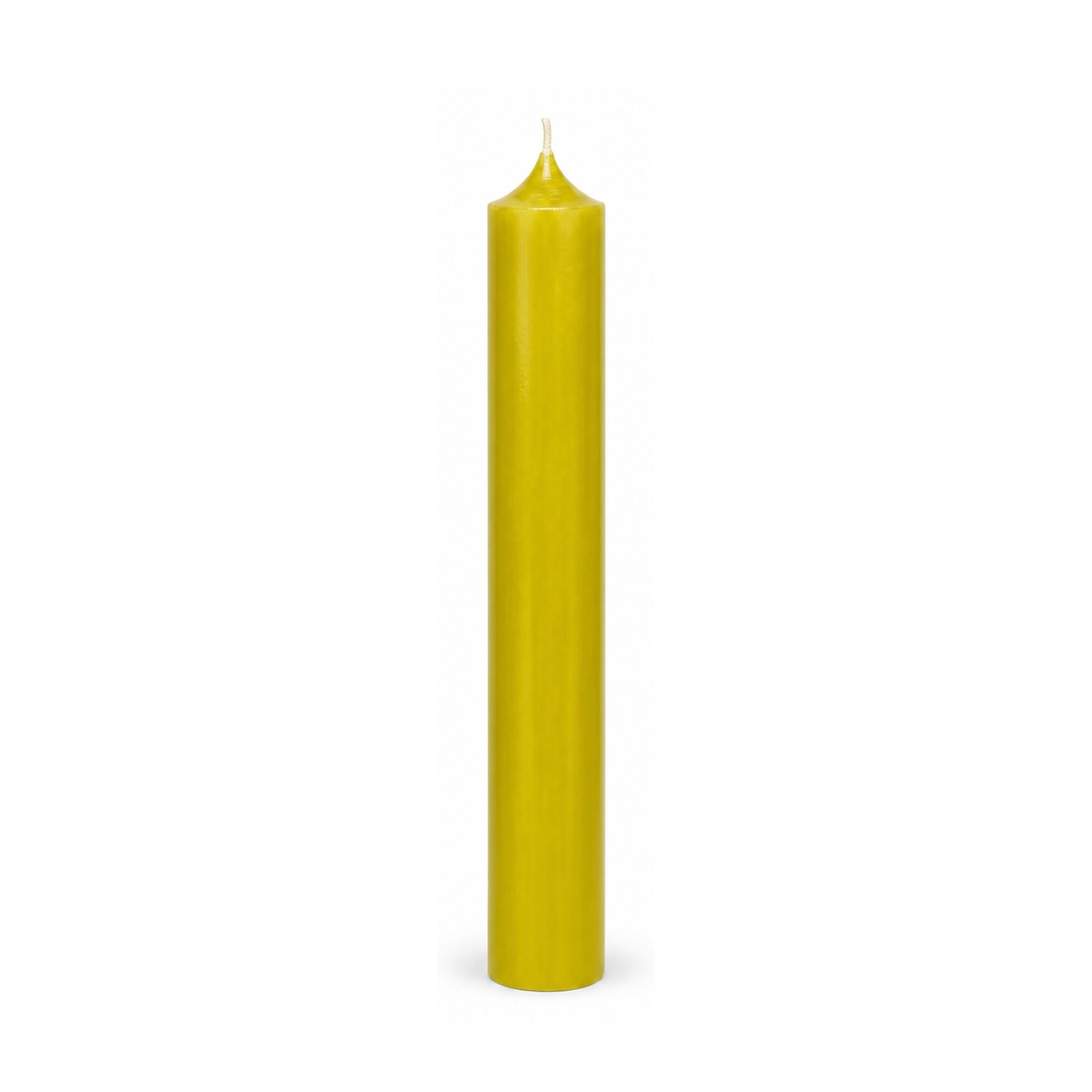 Kiwifarbene Stabkerze 180 x 22 mm, einzeln auf weißem Hintergrund.