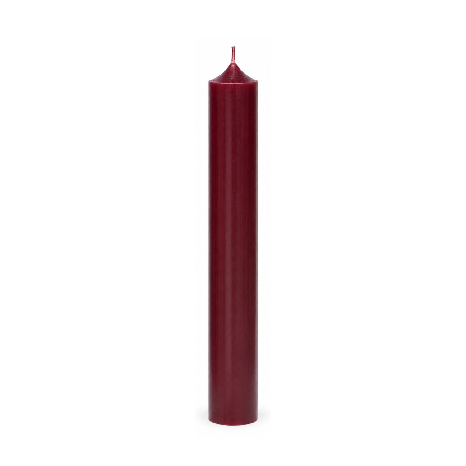 Dunkelrote Stabkerze 250 x 22 mm, einzeln auf weißem Hintergrund.