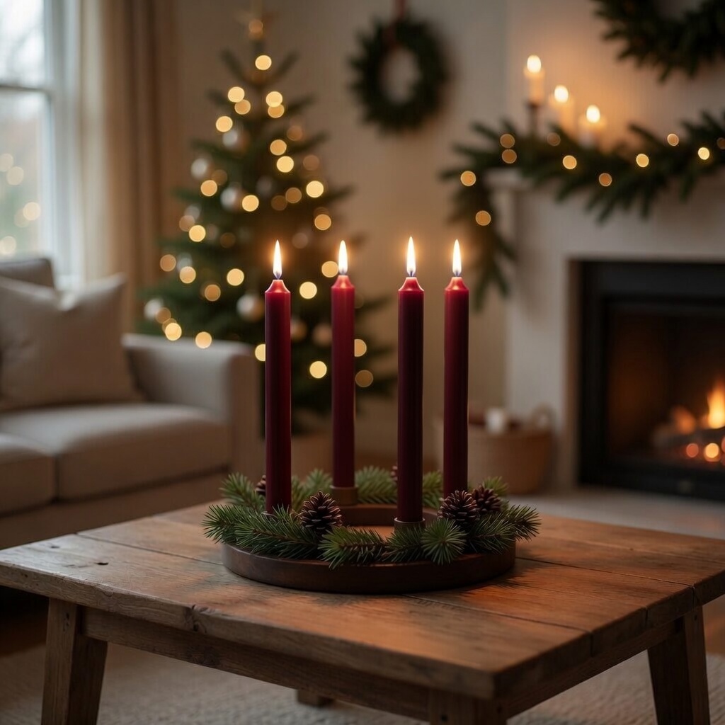 Vier dunkelcrote Stabkerzen 250 x 22 mm auf einem Adventskranz mit Weihnachtsbaum und Kamin im Hintergrund.