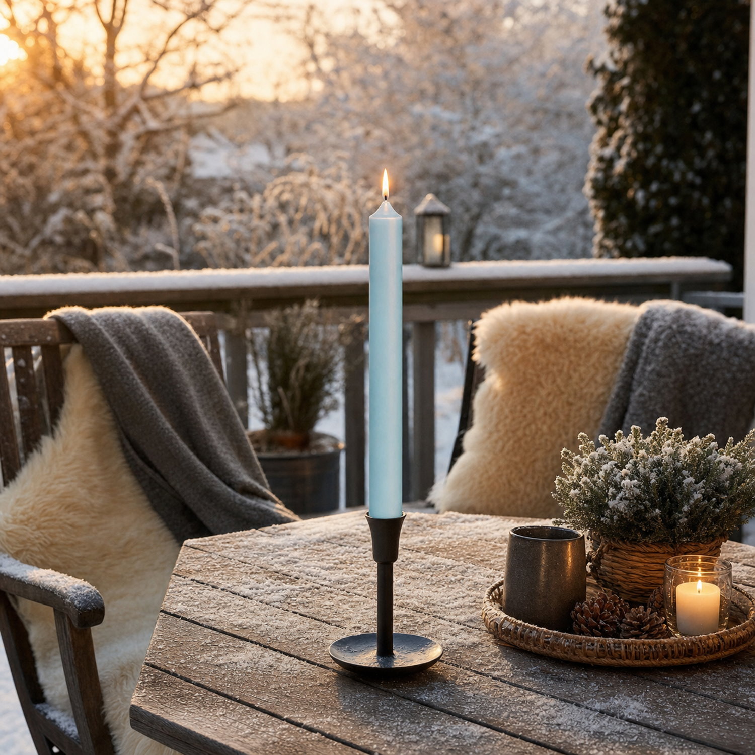 Eisblaue Stabkerze 250 x 22 mm im Kerzenhalter auf dem Tisch einer gemütlichen Terrasse in verschneiter Umgebung.