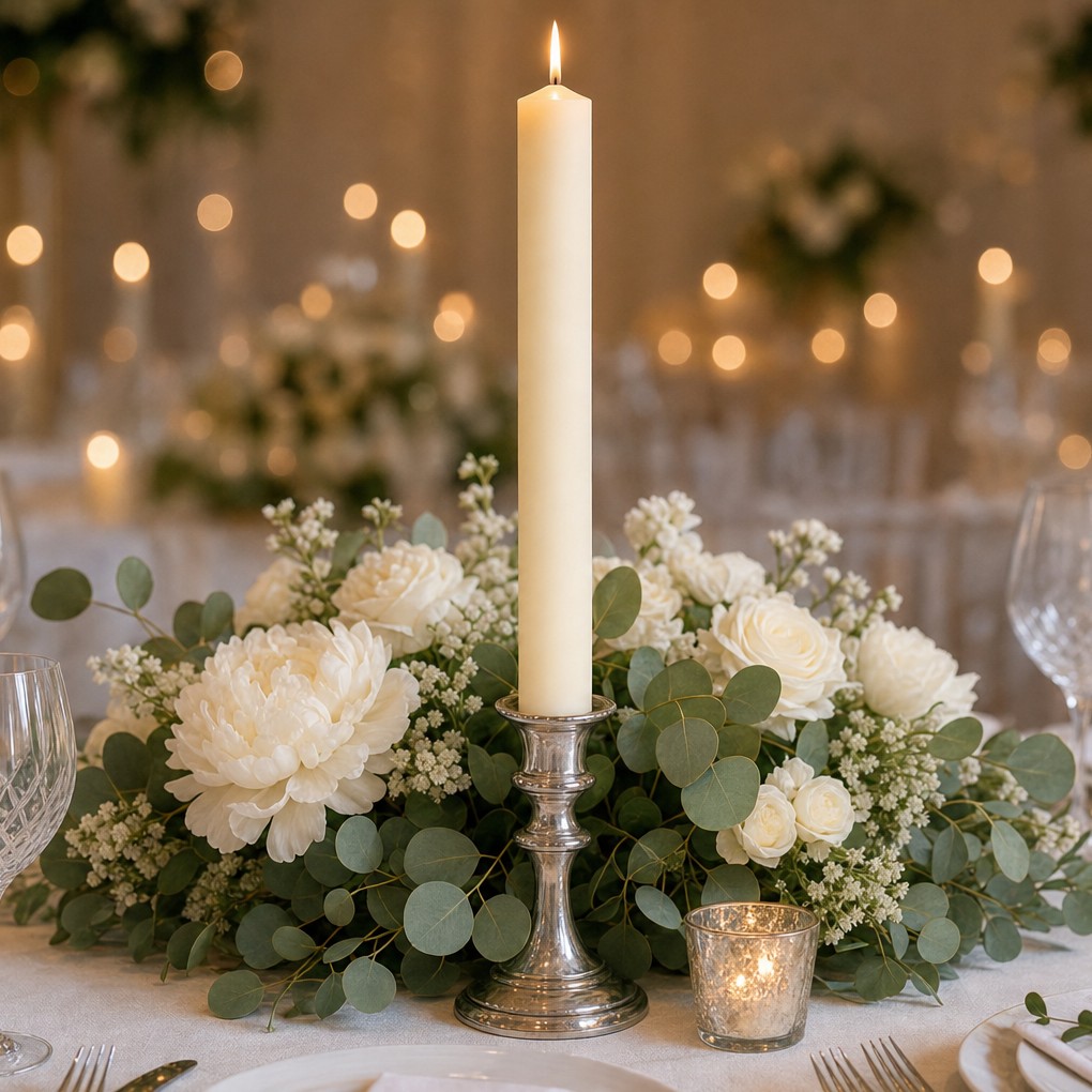Elfenbeinfarbene Stabkerze 250 x 22 mm im Kerzenhalter vor einem Blumenbouquet auf einer festlich zur Hochzeit gedeckten Tafel.