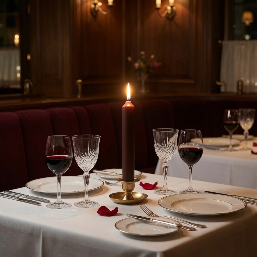 Trüffelbraune Stabkerze 180 x 22 mm auf einem für ein romantisches Dinner eingedeckten Tisch im Restaurant.