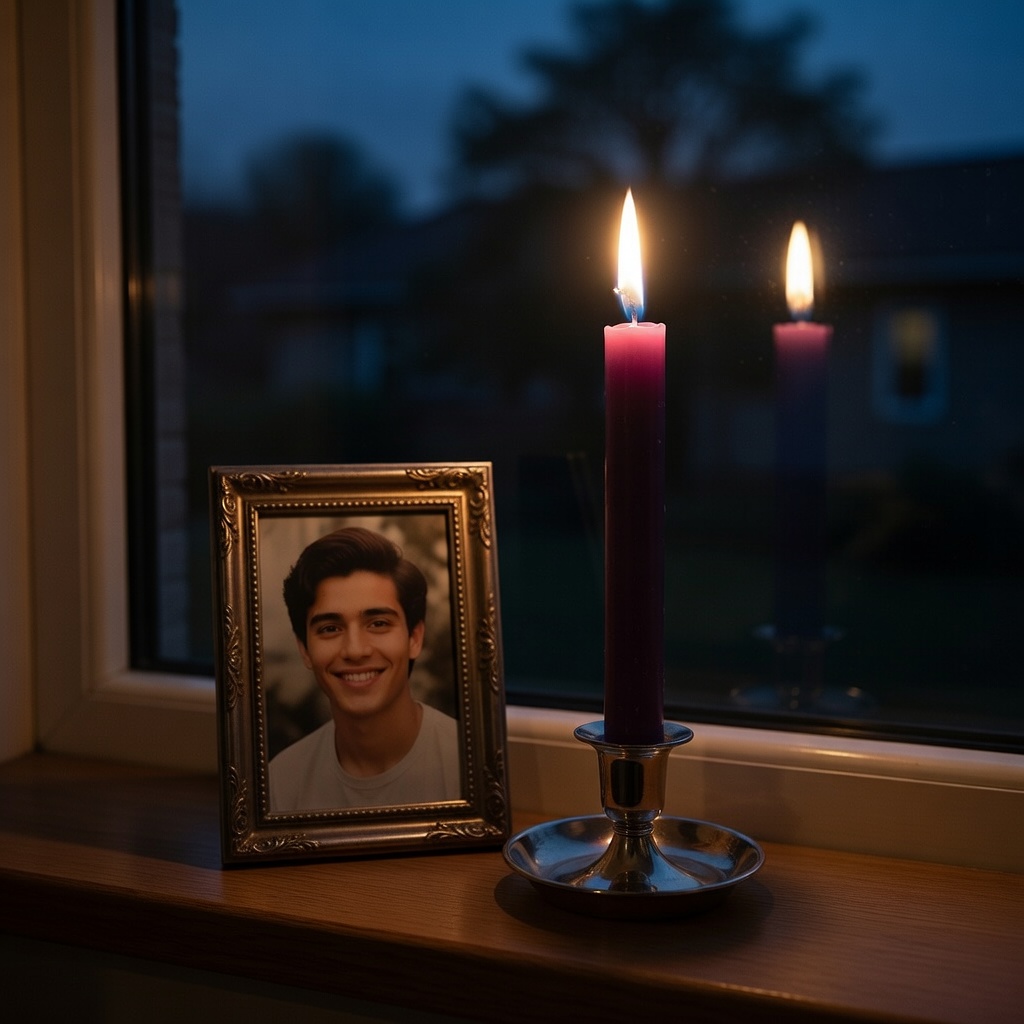 Brennende violette Stabkerze 180 x 22 mm bei Nacht auf der Fensterbank neben dem Foto einer verstorbenen Person.