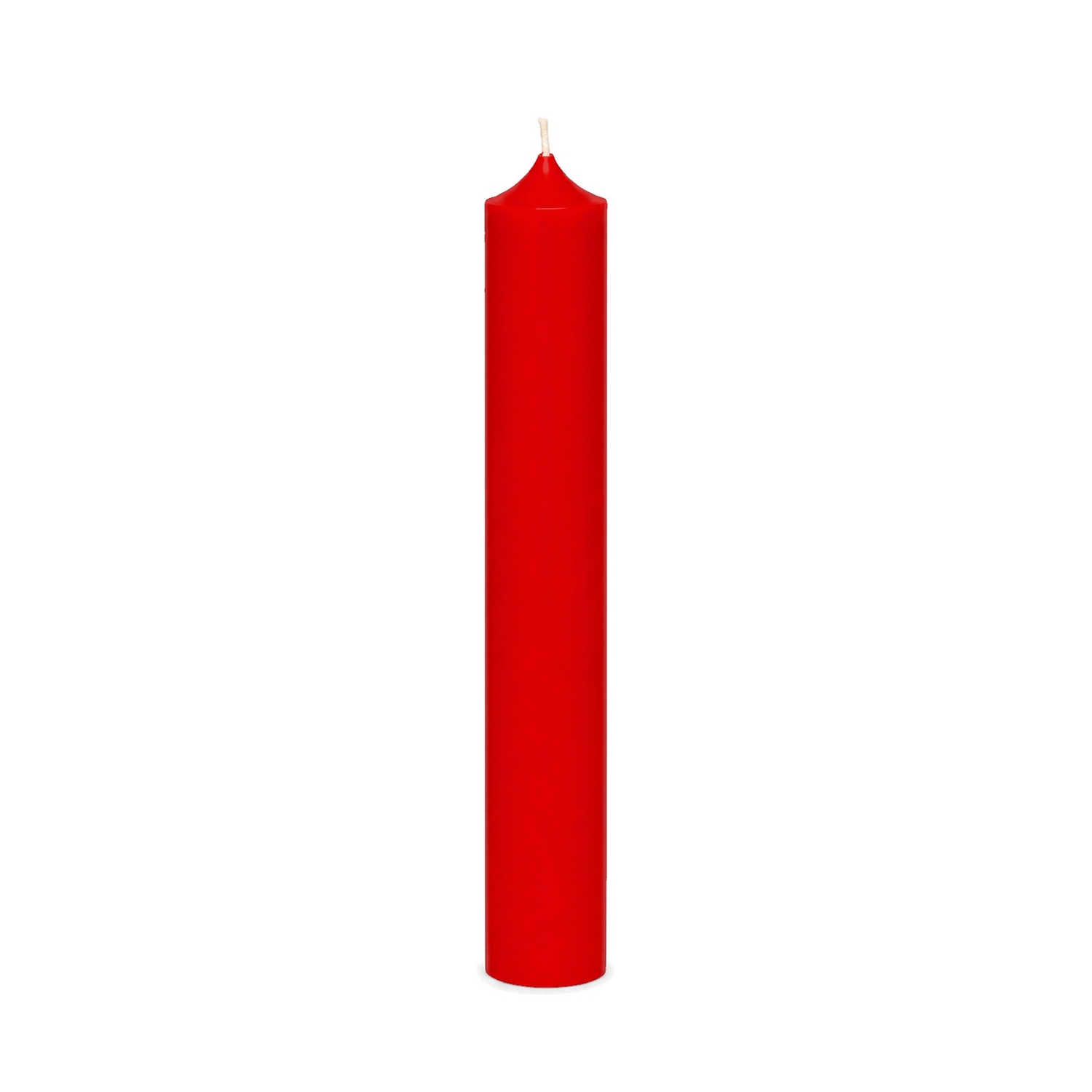 Weihnachtsrote Stabkerze 180 x 22 mm, einzeln auf weißem Hintergrund.