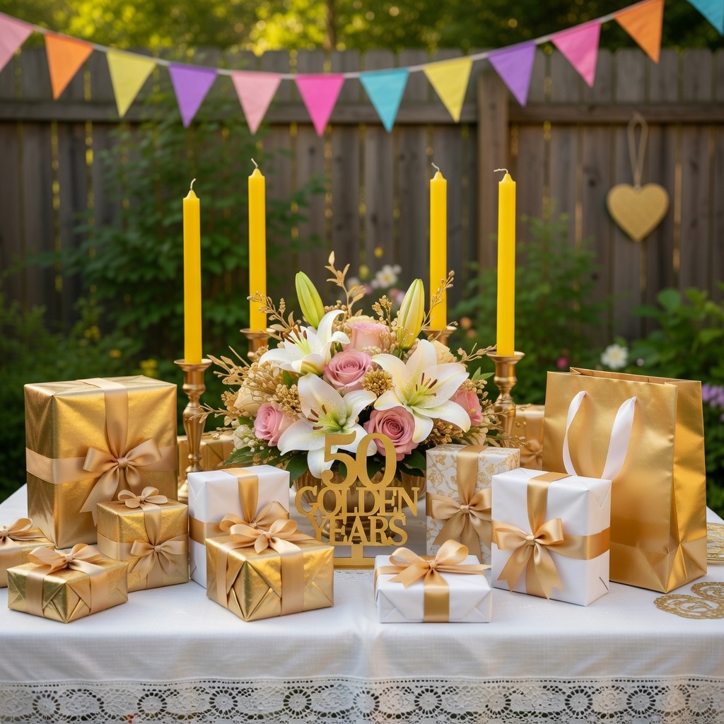 Vier gelbe Stabkerzen 250 x 22 mm zwischen Geschenken und Blumen auf einem Gabentisch zur Goldenen Hochzeit.