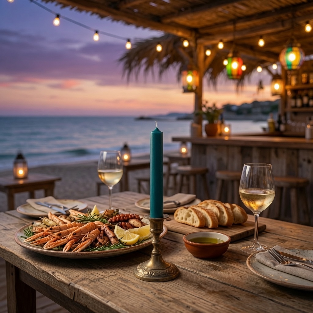 Ozeanblaue Stabkerze 250 x 22 mm auf einem Holztisch mit mediterranem Essen in einer Bar am Strand.