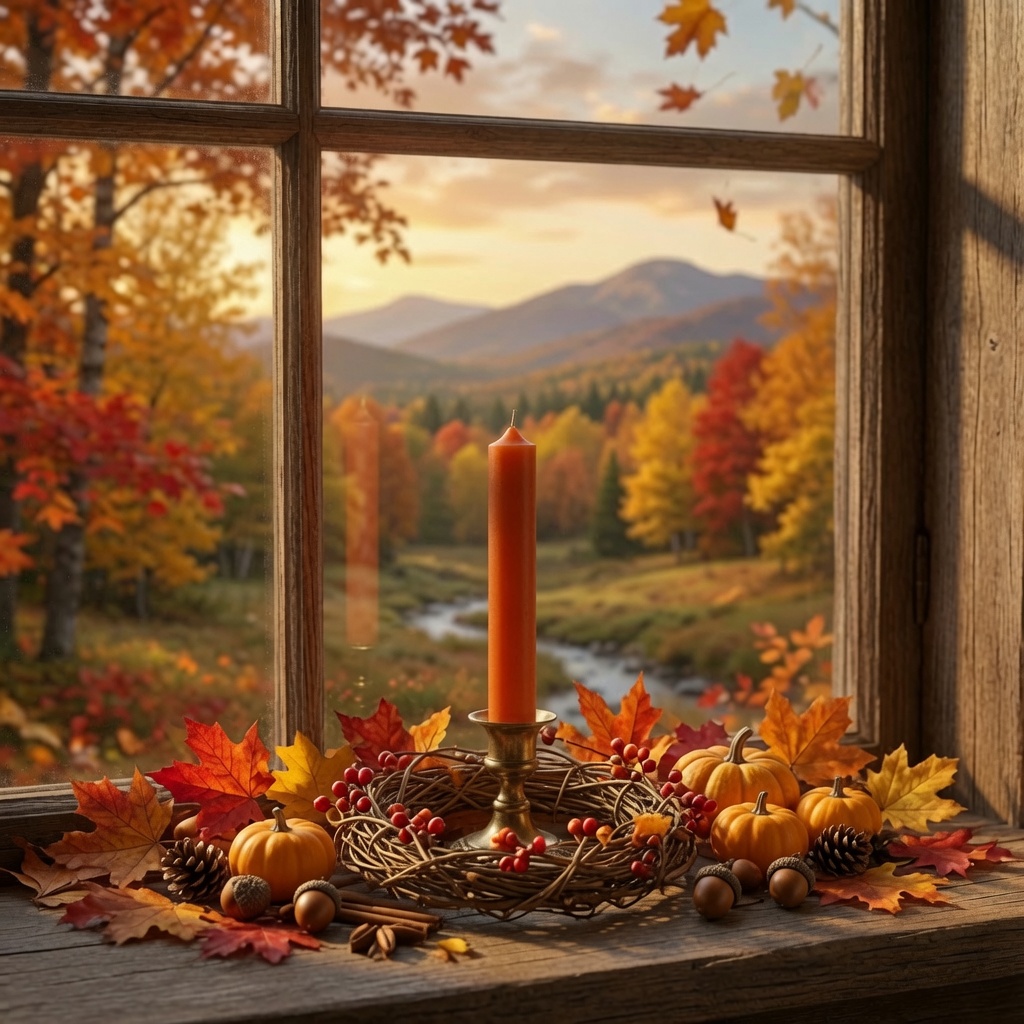 Rostfarbene Stabkerze 250 x 22 mm auf einem Fensterbrett mit herbstlicher Deko und Blick in einen bunten Herbstwald.