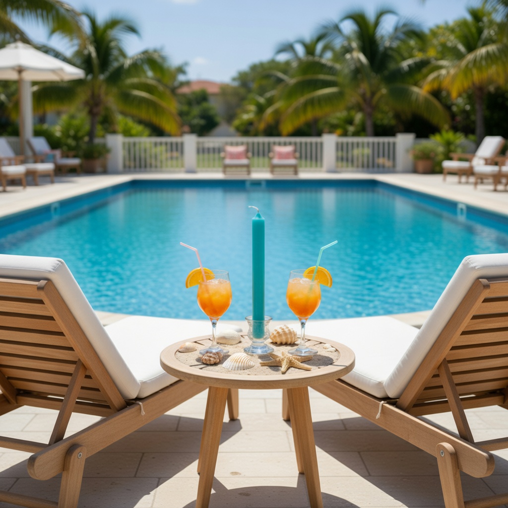 Türkise Stabkerze 250 x 22 mm neben zwei Cocktails auf einem kleinen runden Tisch zwischen zwei Sonnenliegen mit Blick auf den Pool.