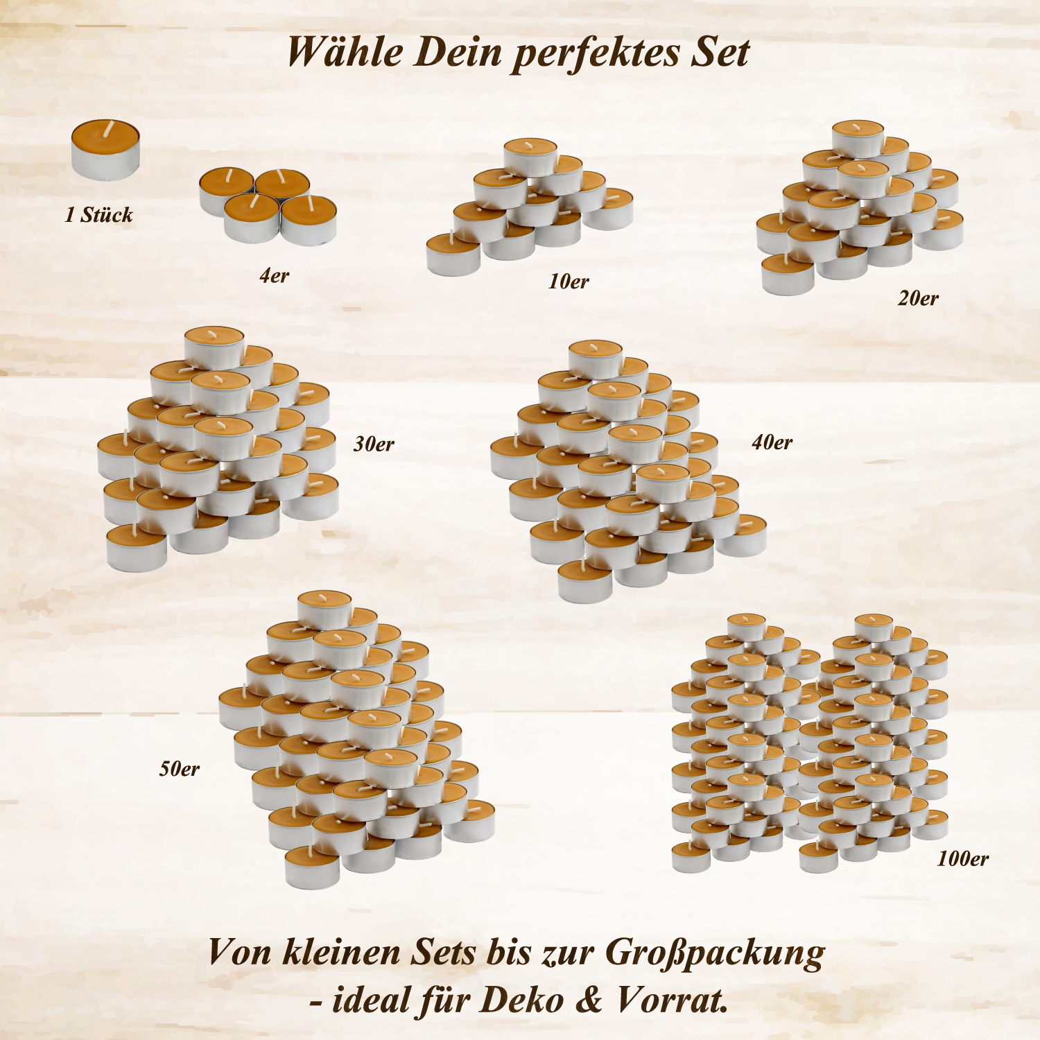 Bienenwachs Teelichter Set Übersicht von 1 bis 100 Stück