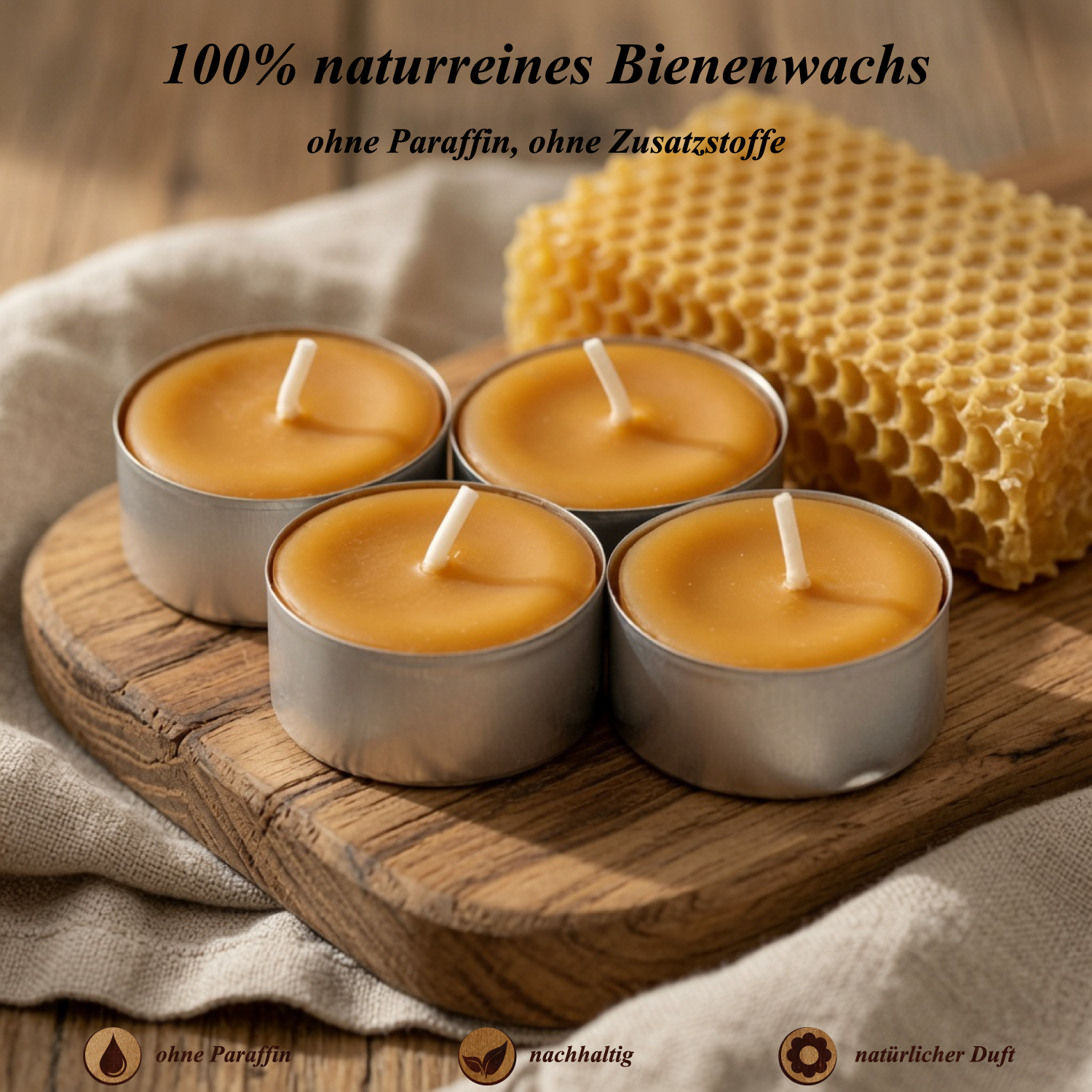 Teelichter aus 100 Prozent naturreinem Bienenwachs ohne Zusätze auf einem Holzbrett neben einem Bienenwachsblock