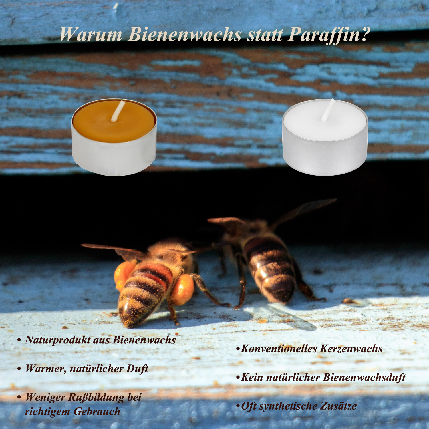 Vergleich Bienenwachs Teelicht versus Paraffin mit Vorteilen von Bienenwachs