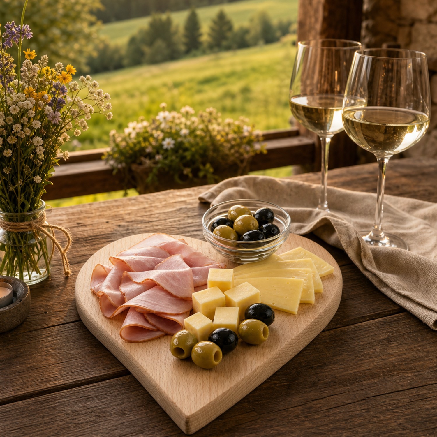 Holzschneidebrett in Herzform aus Buche, mit Schinken, Käse und Oliven angerichtet, auf einem gedeckten Terrassentisch mit Blick über Wiesen in den Wald.