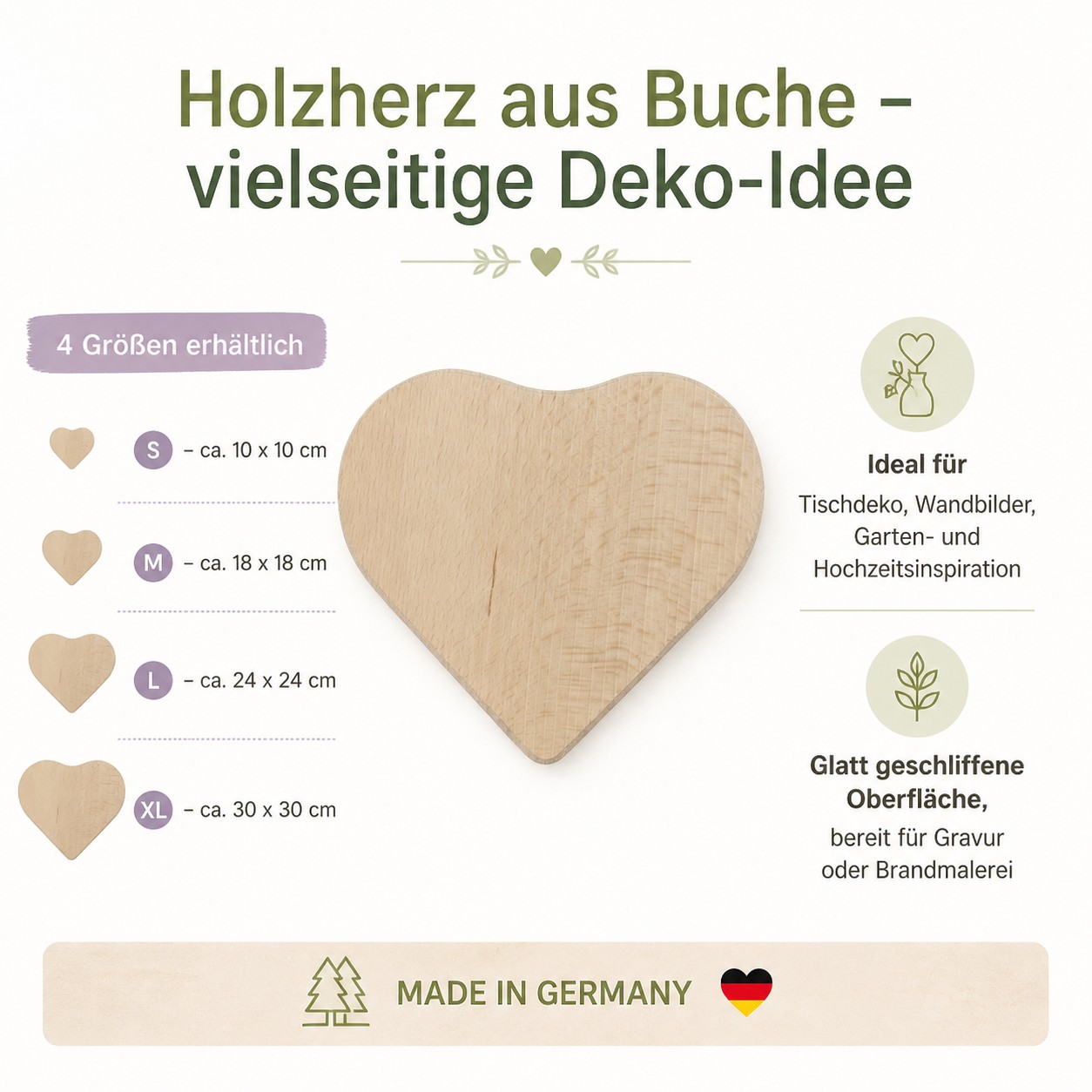Infografik zum Holzherz aus Buche mit Größentabelle S, M, L und XL (10 x 10 cm, 18 x 18 cm, 24 x 24 cm, 30 x 30 cm) und kurzen Hinweisen zu Einsatzmöglichkeiten wie Tischdeko, Wandbild und Garten- oder Hochzeitsinspiration.