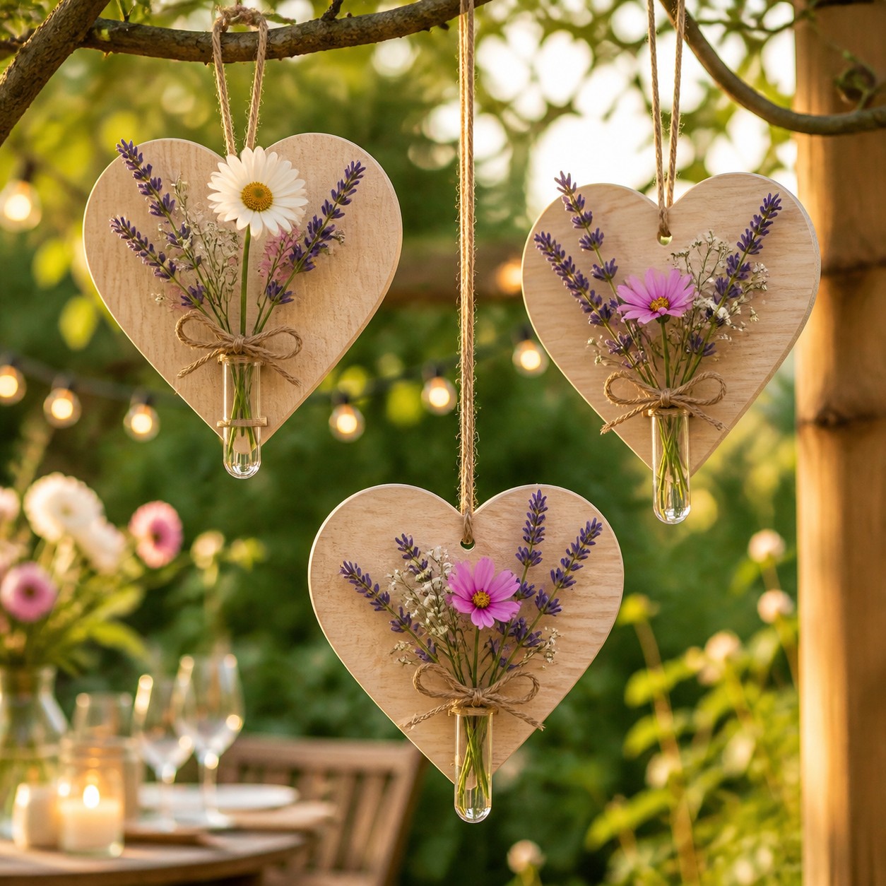 Mehrere Holzherzen aus Buche, im Garten an Ästen oder Holzrahmen aufgehängt, mit Lavendel und Blüten verziert; in der Mitte jedes Herzens ist eine kleine Reagenzglas-Vase mit einzelner Blüte befestigt – sommerliche Gartendeko für die Gartenparty.