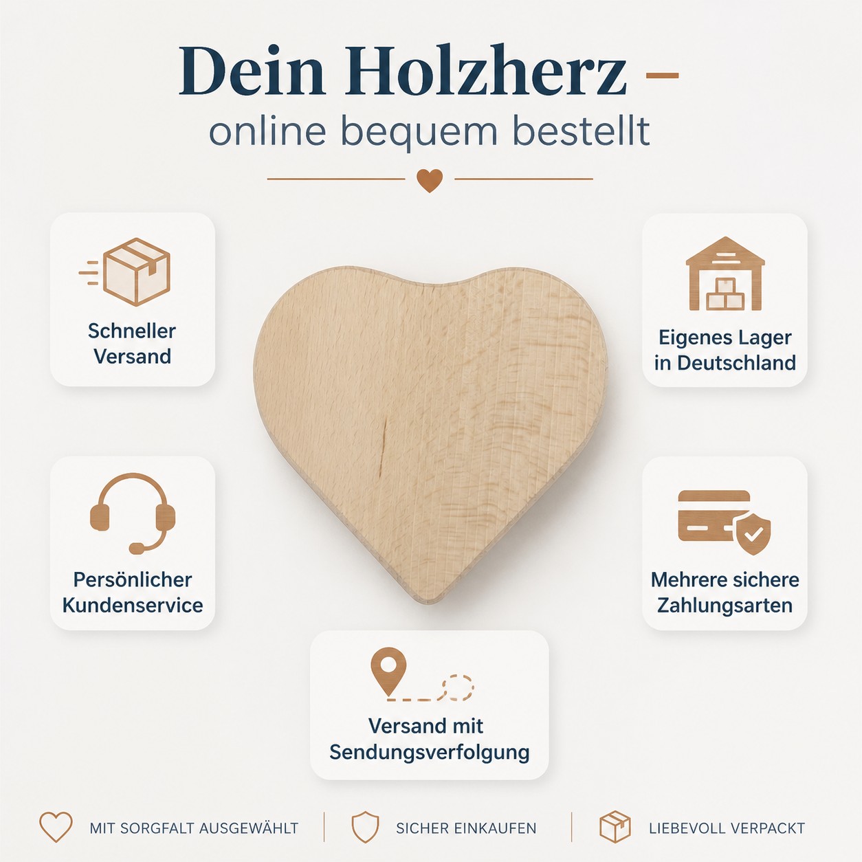 Holzherz aus Buche als Hochzeitsdeko, darauf ein helles Herzkissen mit zwei Eheringen, rundherum Blumenarrangement; am Rand ist eine dezente Gravur mit Namen und Datum angedeutet, das Herz liegt auf einem festlich gedeckten Tisch.