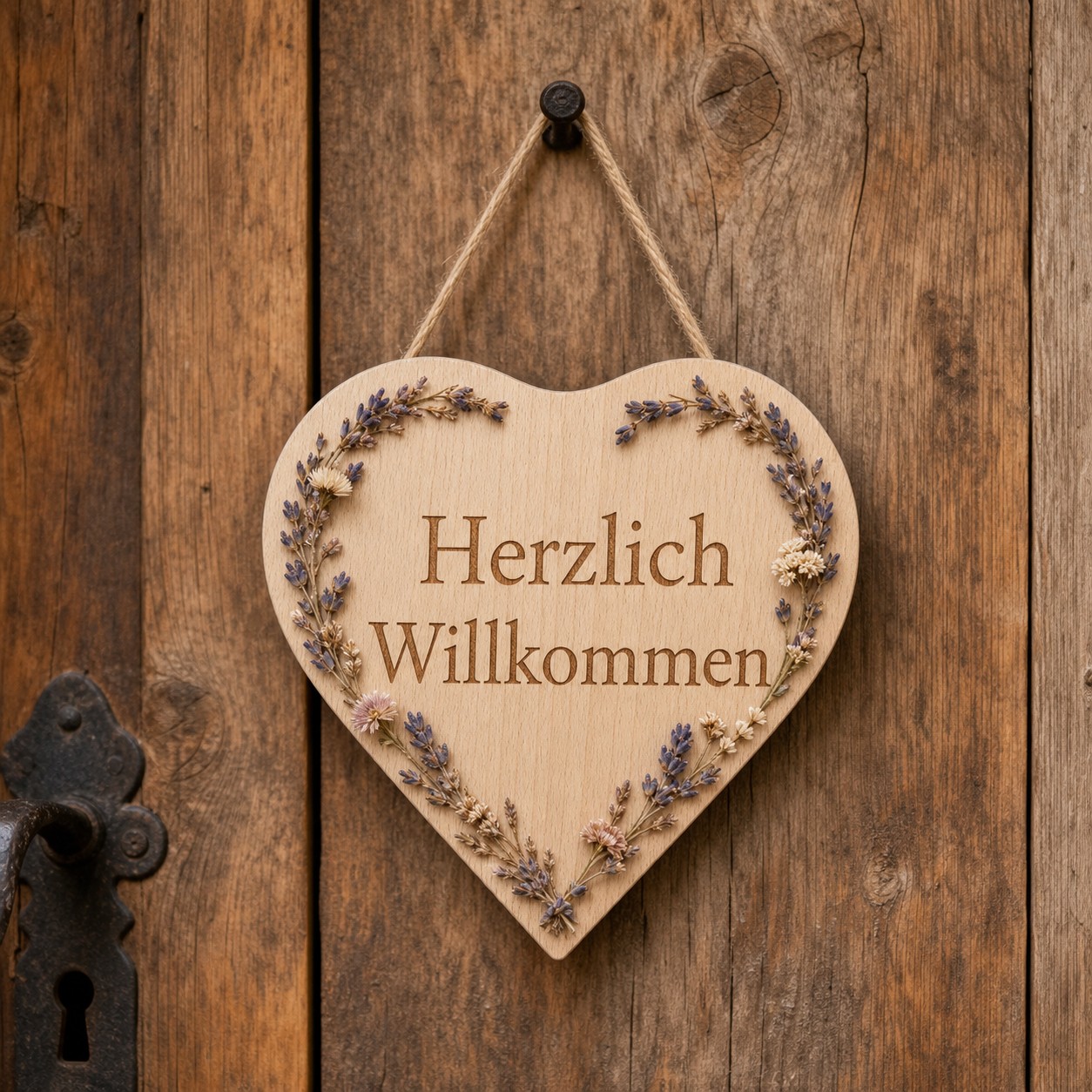 Holzherz aus Buche mit Gravur „Herzlich Willkommen“, am Rand mit Lavendel und Blumen dekoriert, hängend an einer rustikalen Holztür.