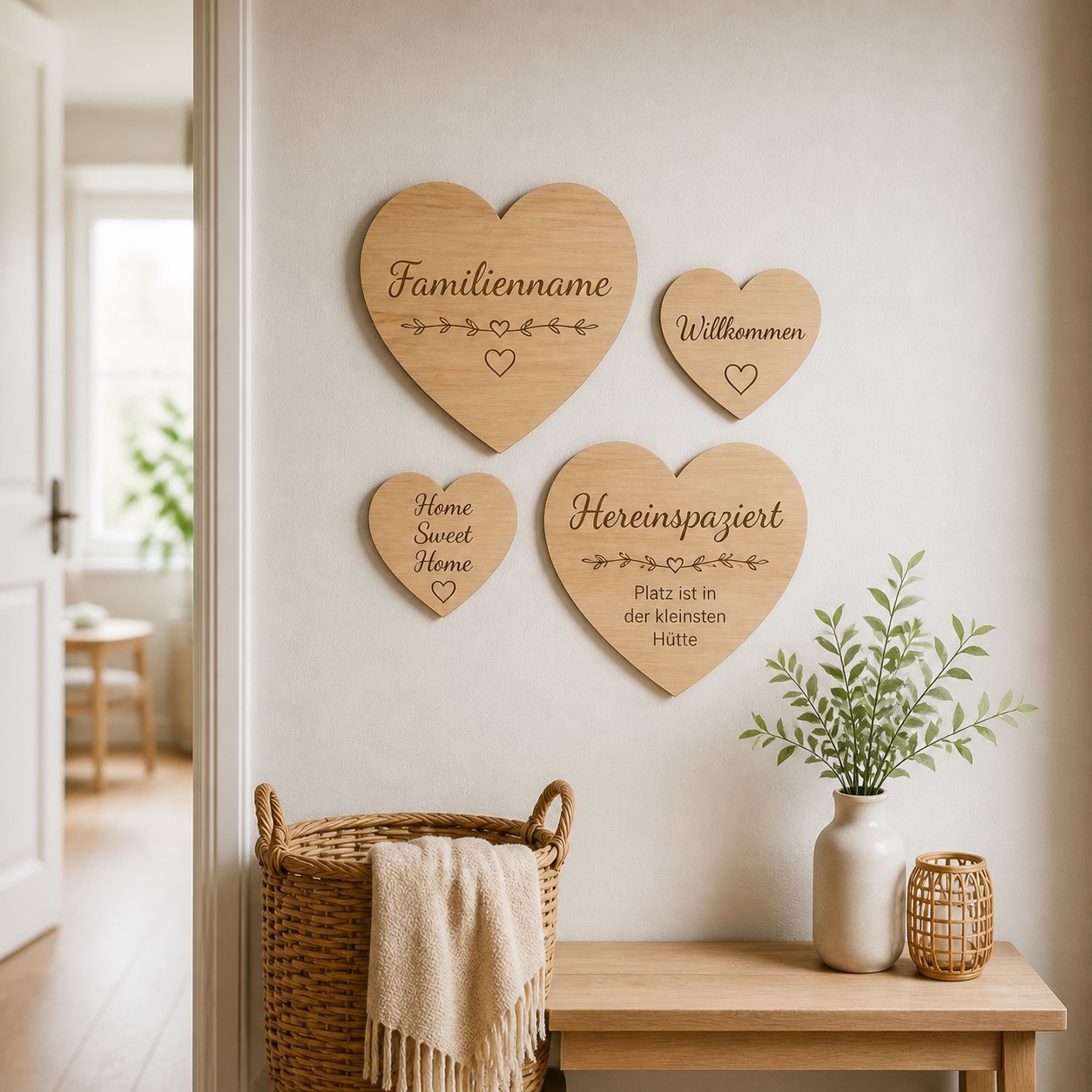 Wandcollage im Flur mit mehreren kleinen Holzherzen aus Buche, größtes Herz etwa 30 x 30 cm, graviert mit deutschen Sprüchen wie Familienname, „Willkommen“, „Home Sweet Home“, „Hereinspaziert“ und „Platz ist in der kleinsten Hütte“ .