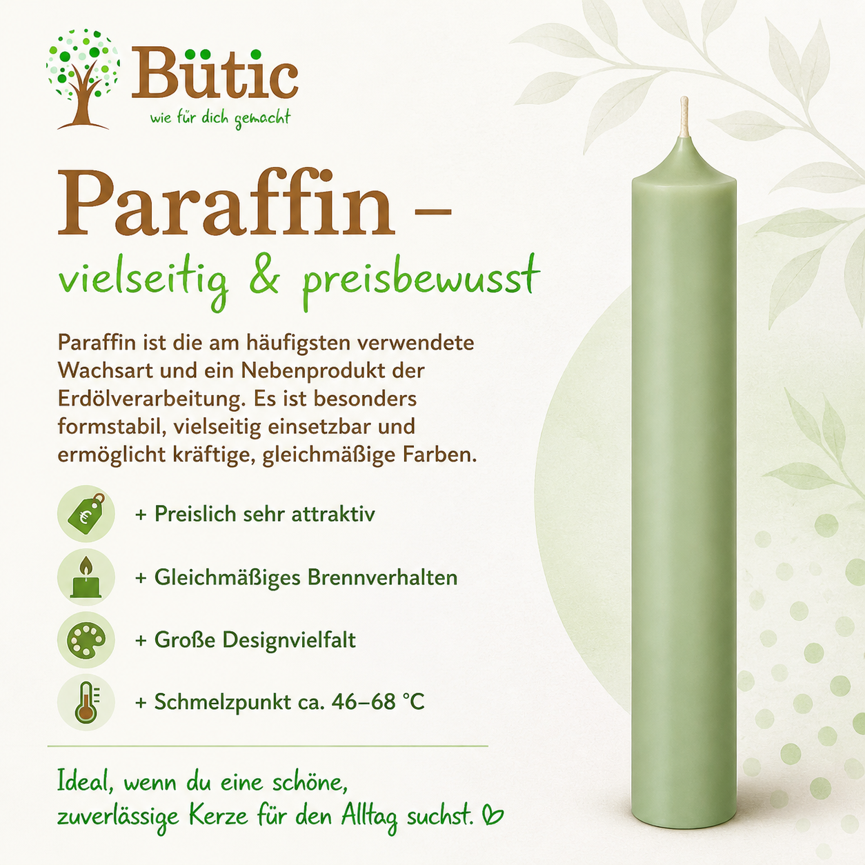 Infografik mit einer Stabkerze aus Paraffin sowie Informationen zu Herstellung und Eigenschaften.