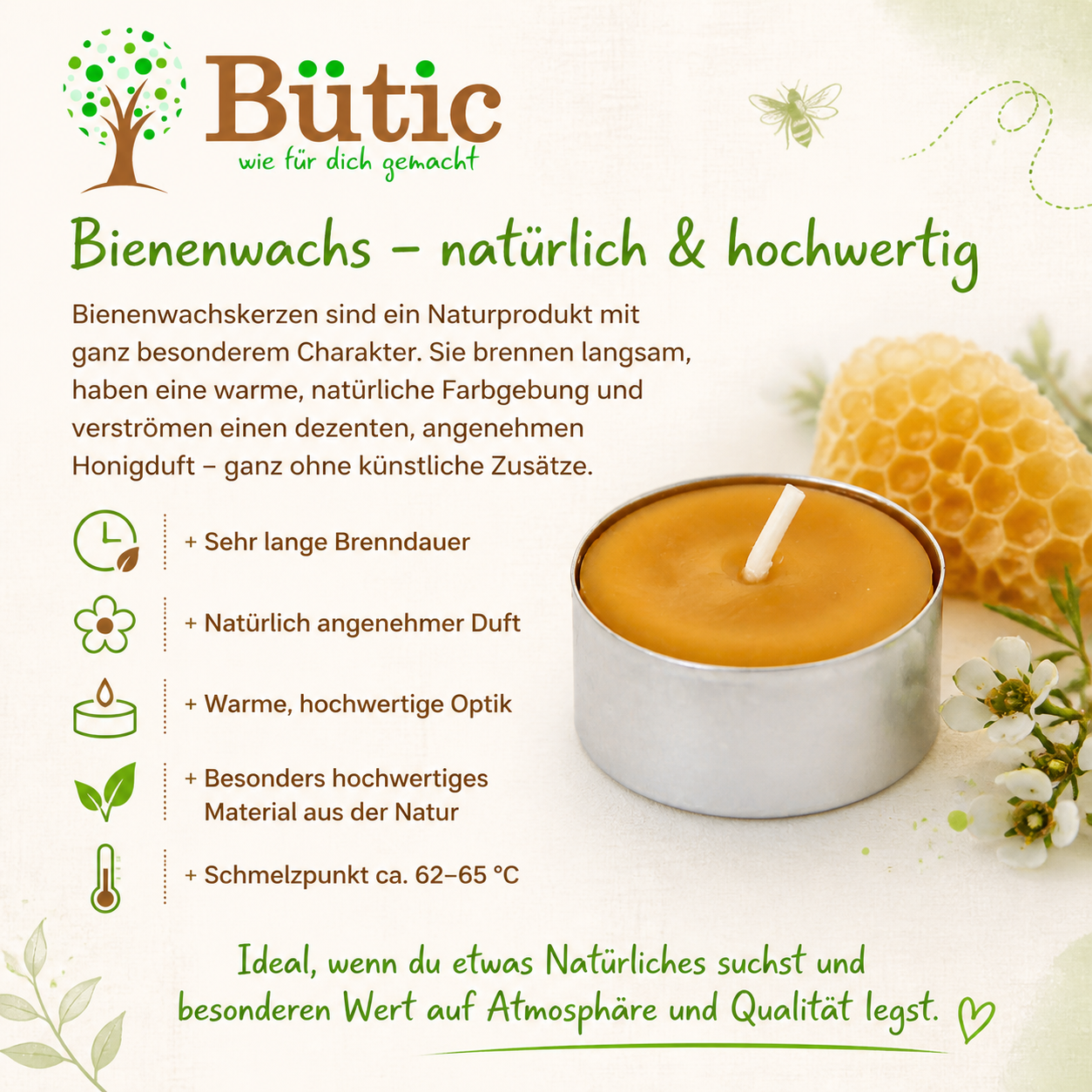 Infografik mit einem Bienenwachs-Teelicht sowie Informationen zu Material und Eigenschaften.