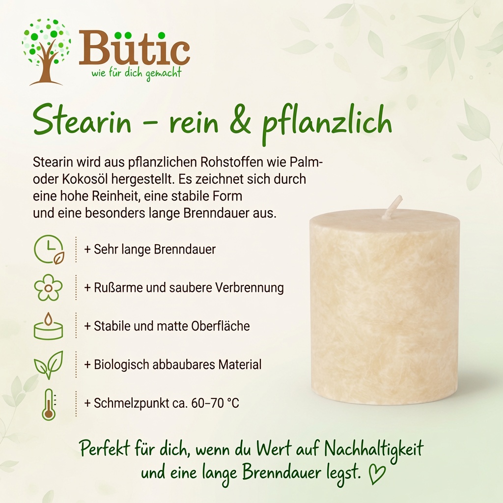 Infografik zu Stearinkerzen mit Informationen zu Herkunft und Eigenschaften.