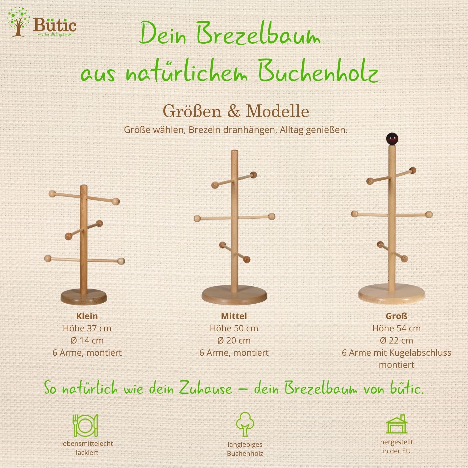 Infografik von drei Brezelbäumen mit Angabe zur Größe und Ausführung.