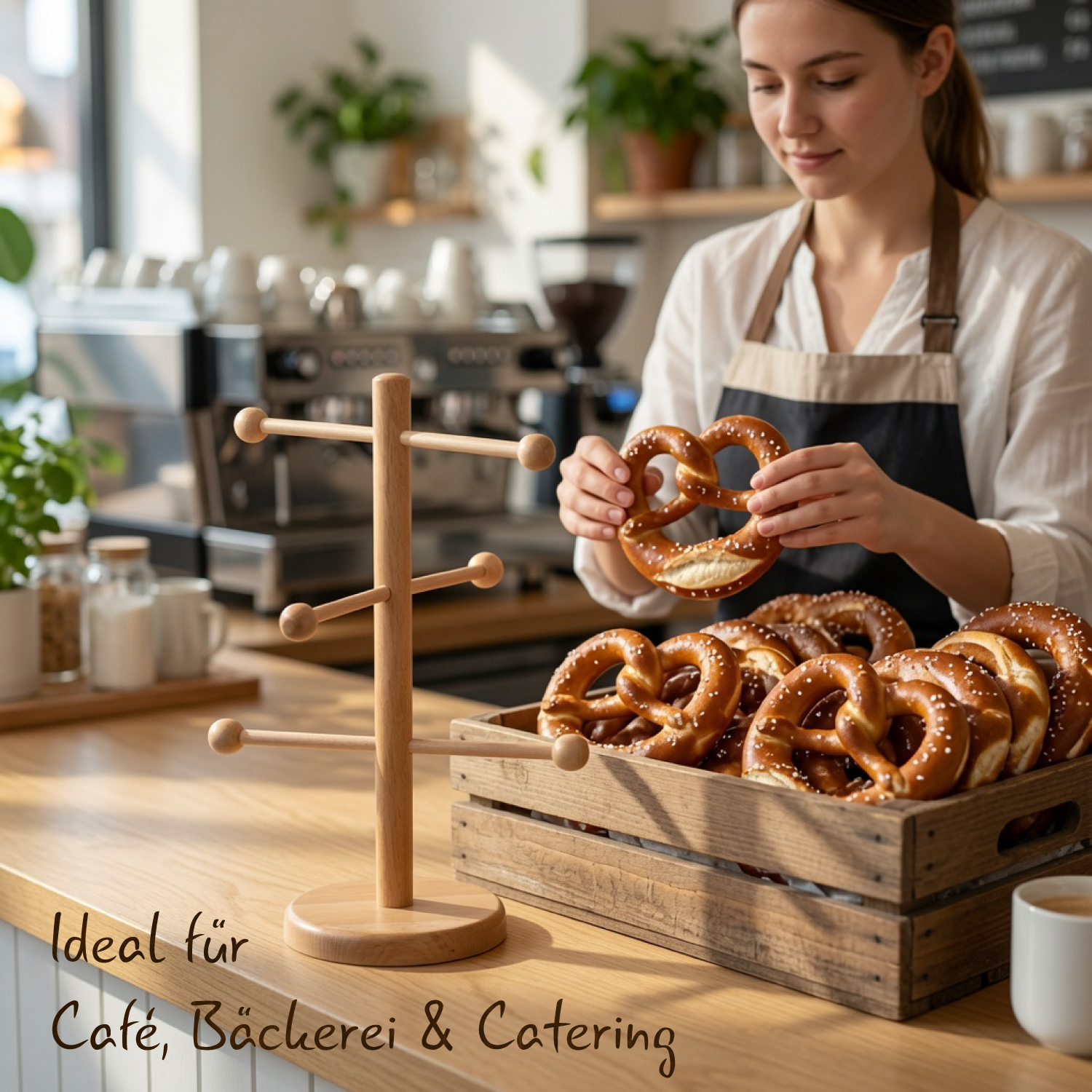In einem Café steht der Brezelbaum auf dem Tresen und wird von einer Mitarbeitern mit Brezeln bestückt.