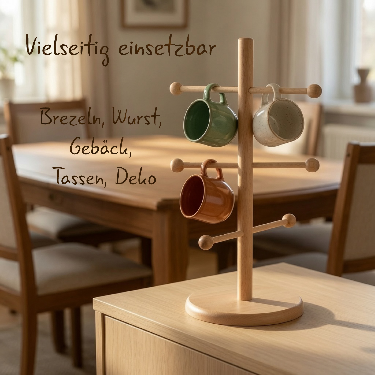 Der Brezelbaum steht auf der Anrichte in einem hellen Esszimmer und wird als Tassenhalter verwendet.