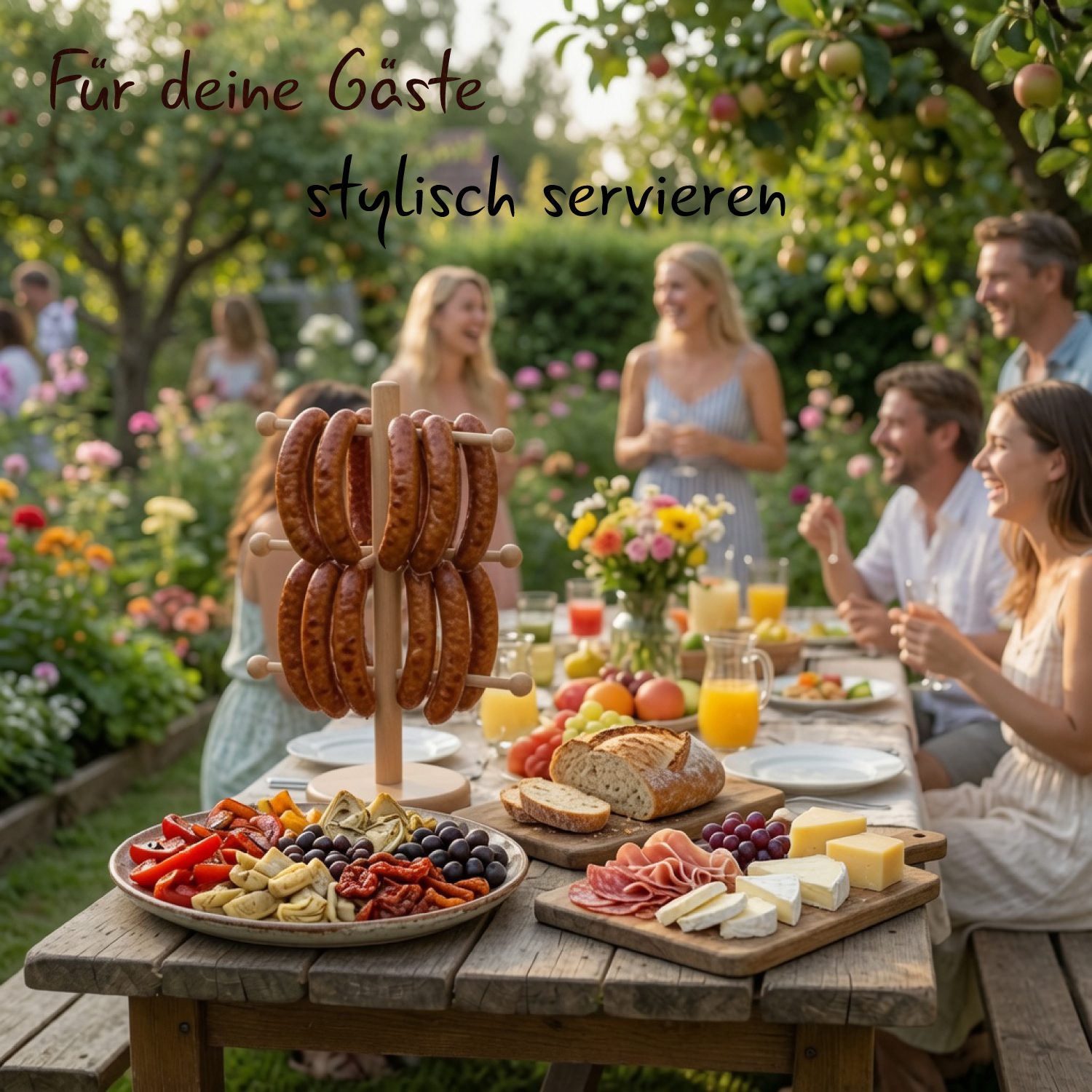 Der Brezelbaum ist voll mit Knackwürsten behängt und steht auf einem zur Sommerparty eingedeckten Tisch im Garten.