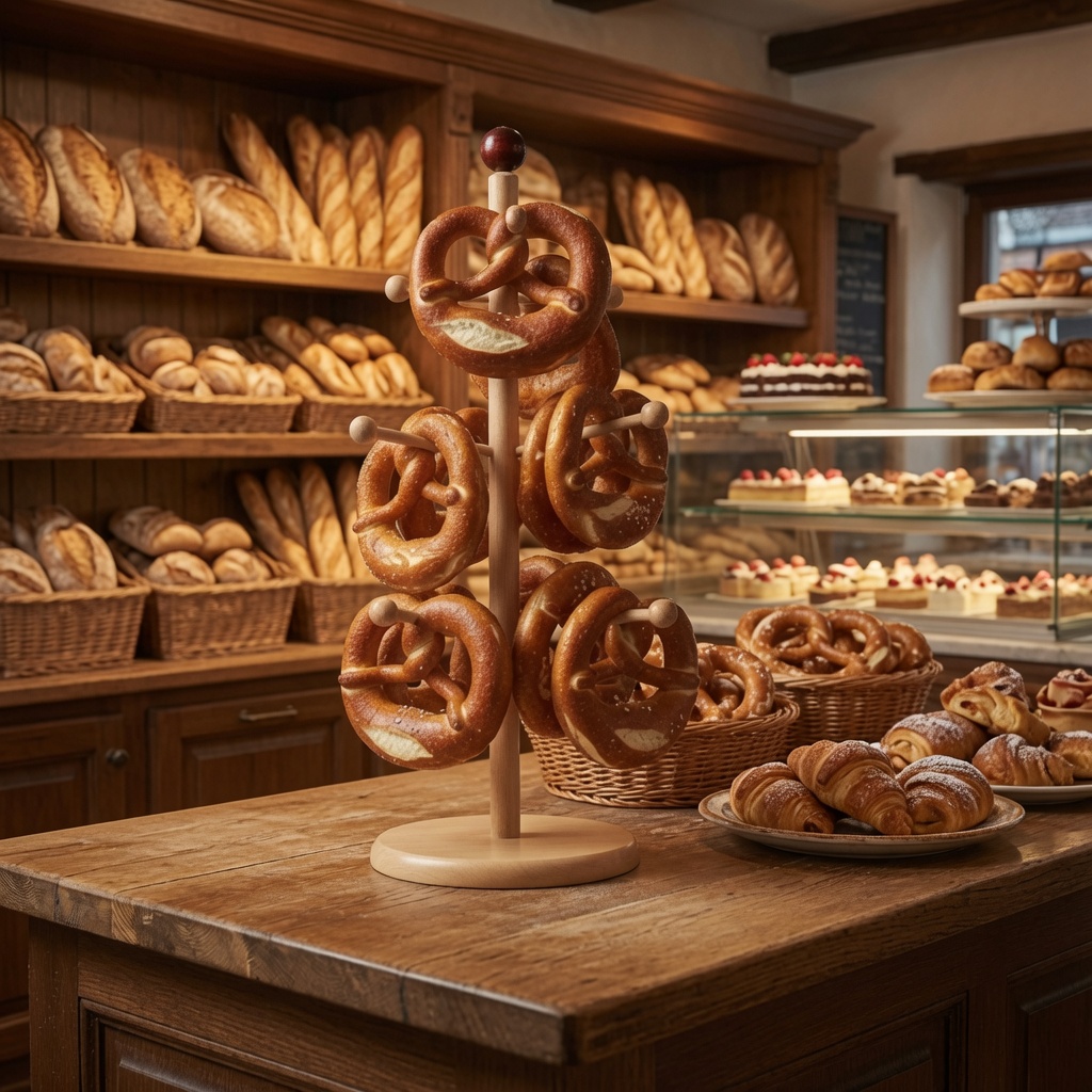 Voll behängter Brezelbaum in einer Bäckerei auf dem Tresen vor dem Regal mit Brot und der Auslage mit Kuchen.