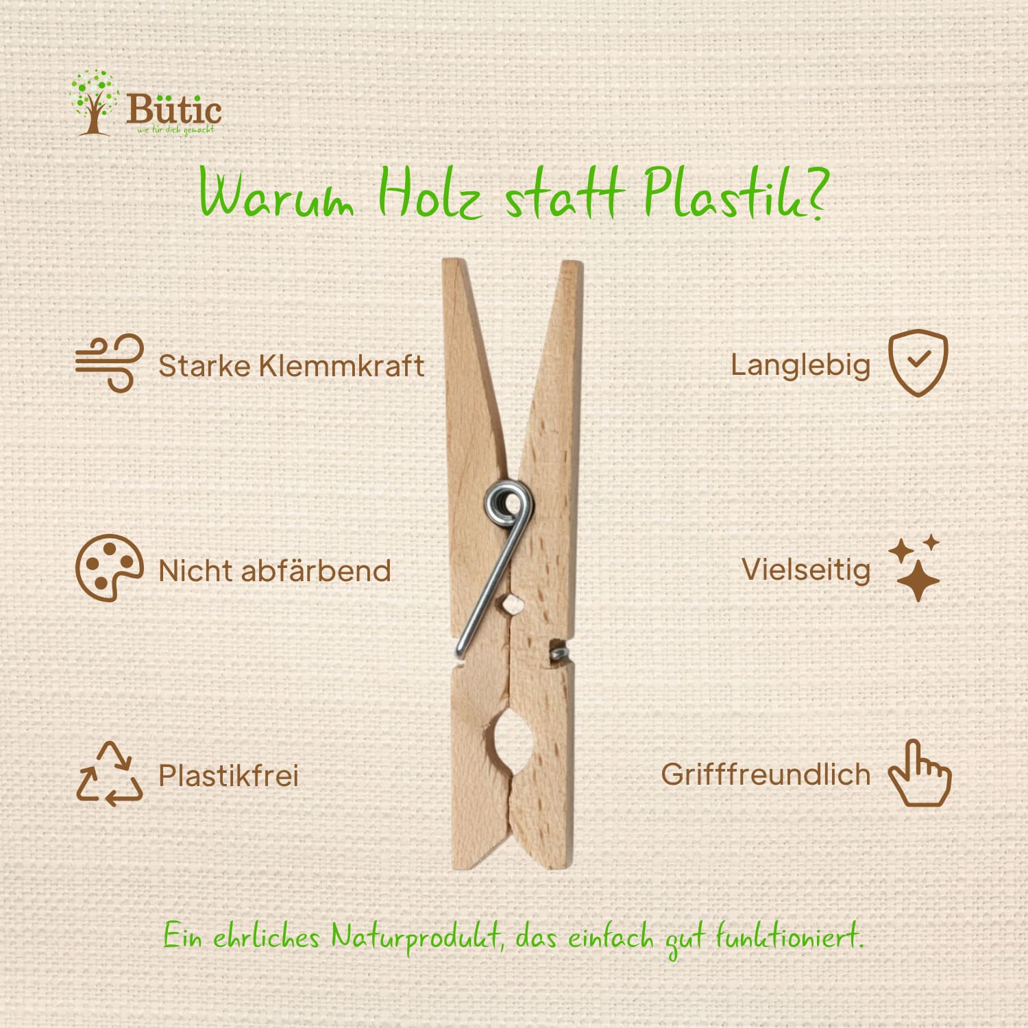 Infografik mit Produktdetails der Bütic Wäscheklammern aus Pinienholz: Pinienholz natur, ca. 72 × 10 × 13 mm, rostfreie Feder, nicht abfärbend, Menge wählbar, für innen und außen