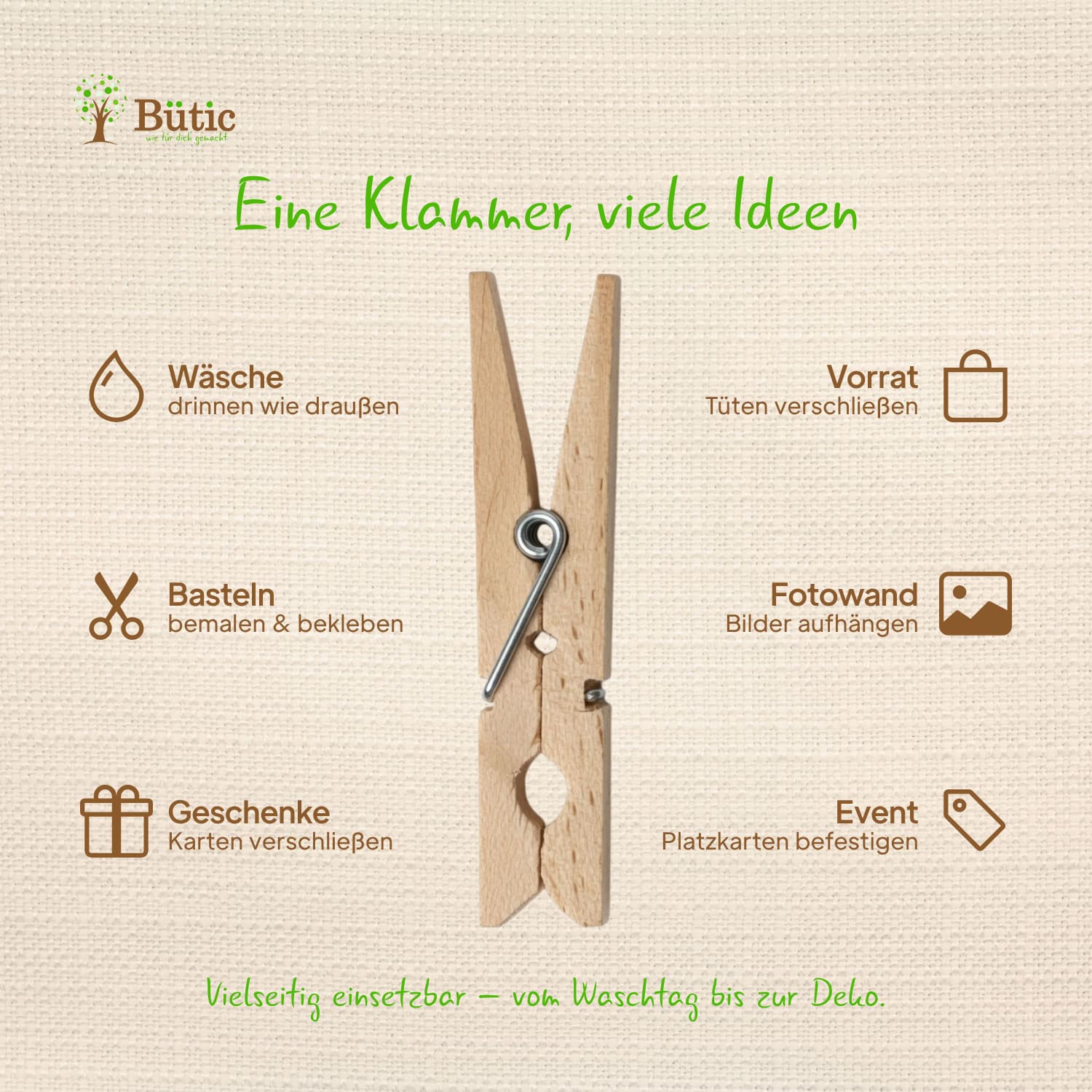 Infografik zu den Vorteilen der Bütic Wäscheklammern aus Pinienholz: starke Klemmkraft, nicht abfärbend, plastikfrei, langlebig, vielseitig und grifffreundlich