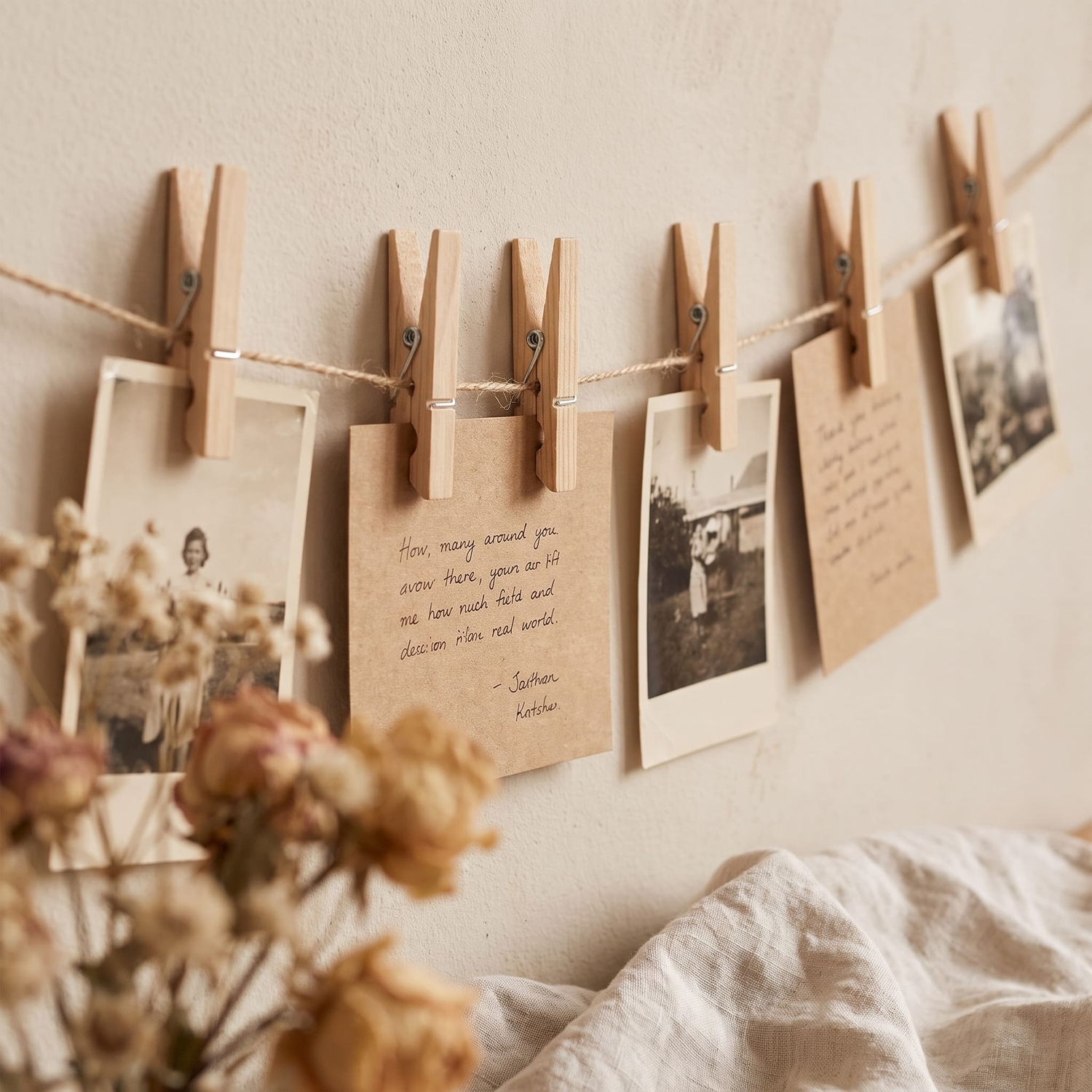 Holzklammern aus Pinienholz halten Fotos und Kraftpapier-Karten an einer Schnur an heller Wand, dazu Trockenblumen