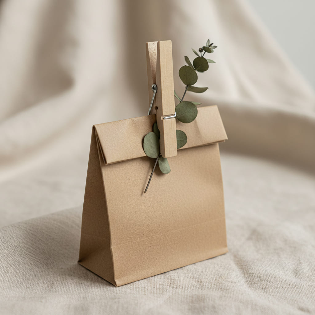Kraftpapiertüte mit Wäscheklammer aus Pinienholz und Eukalyptuszweig verschlossen auf hellem Leinen