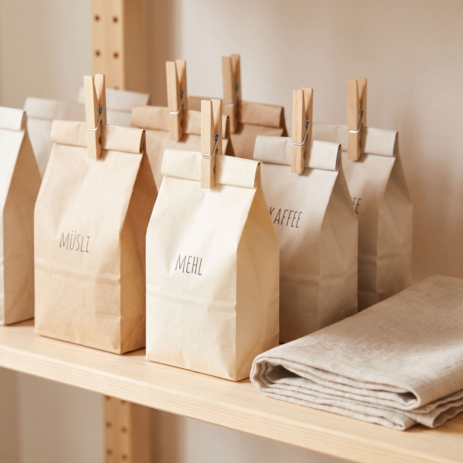 Wäscheklammern aus Pinienholz verschließen beschriftete Vorratstüten mit Müsli, Mehl und Kaffee im Regal