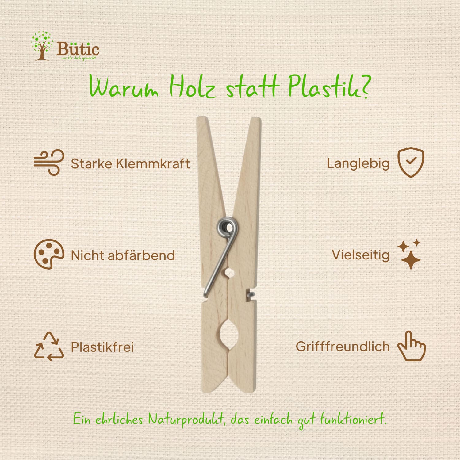 Infografik zu den Vorteilen der Bütic Wäscheklammern aus Birkenholz: starke Klemmkraft, nicht abfärbend, plastikfrei, langlebig, vielseitig und grifffreundlich
